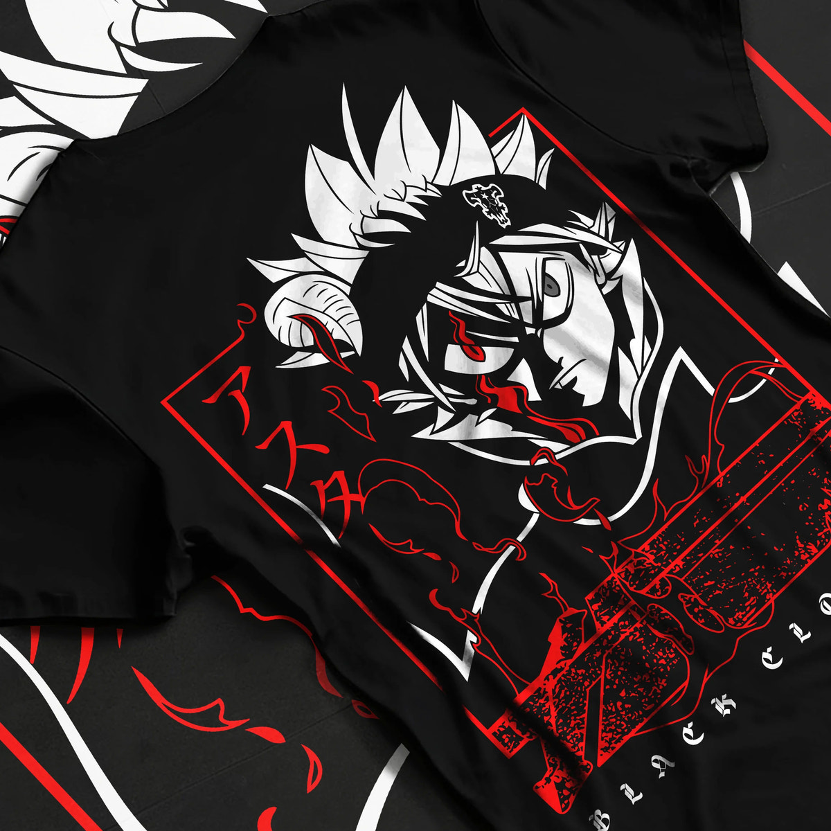 Black T-shirt flat back view showing Asta from Black Clover: anti-magic portrait