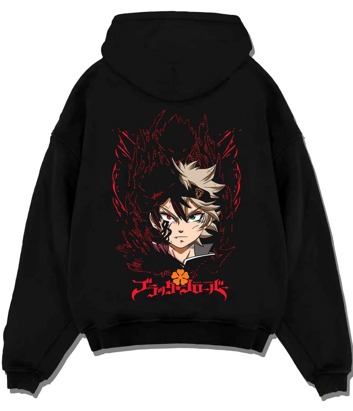 Black hoodie flat back view showing Asta from Black Clover: devil union