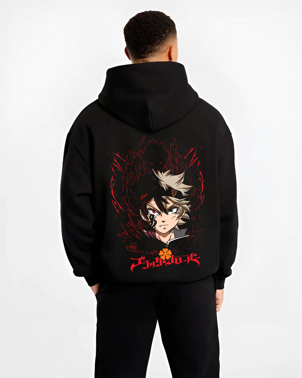 Black hoodie model back view showing Asta from Black Clover: devil union