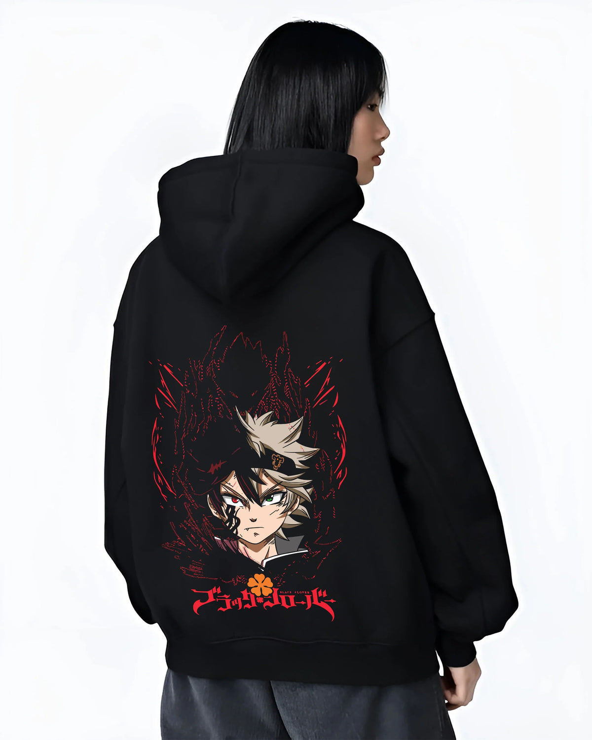 Black hoodie female model back view showing Asta from Black Clover: devil union