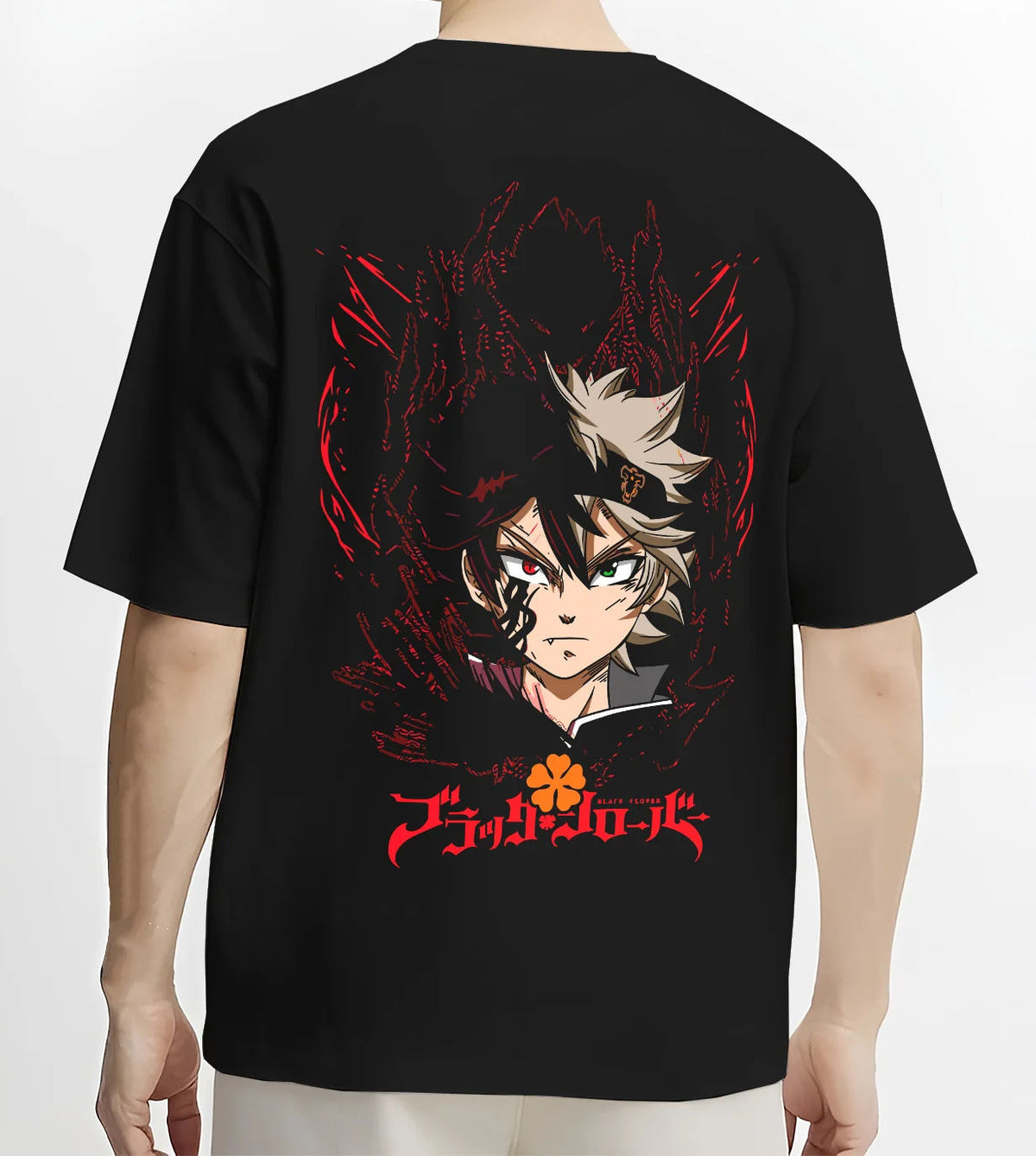 Black T-shirt model back view showing Asta from Black Clover: devil union
