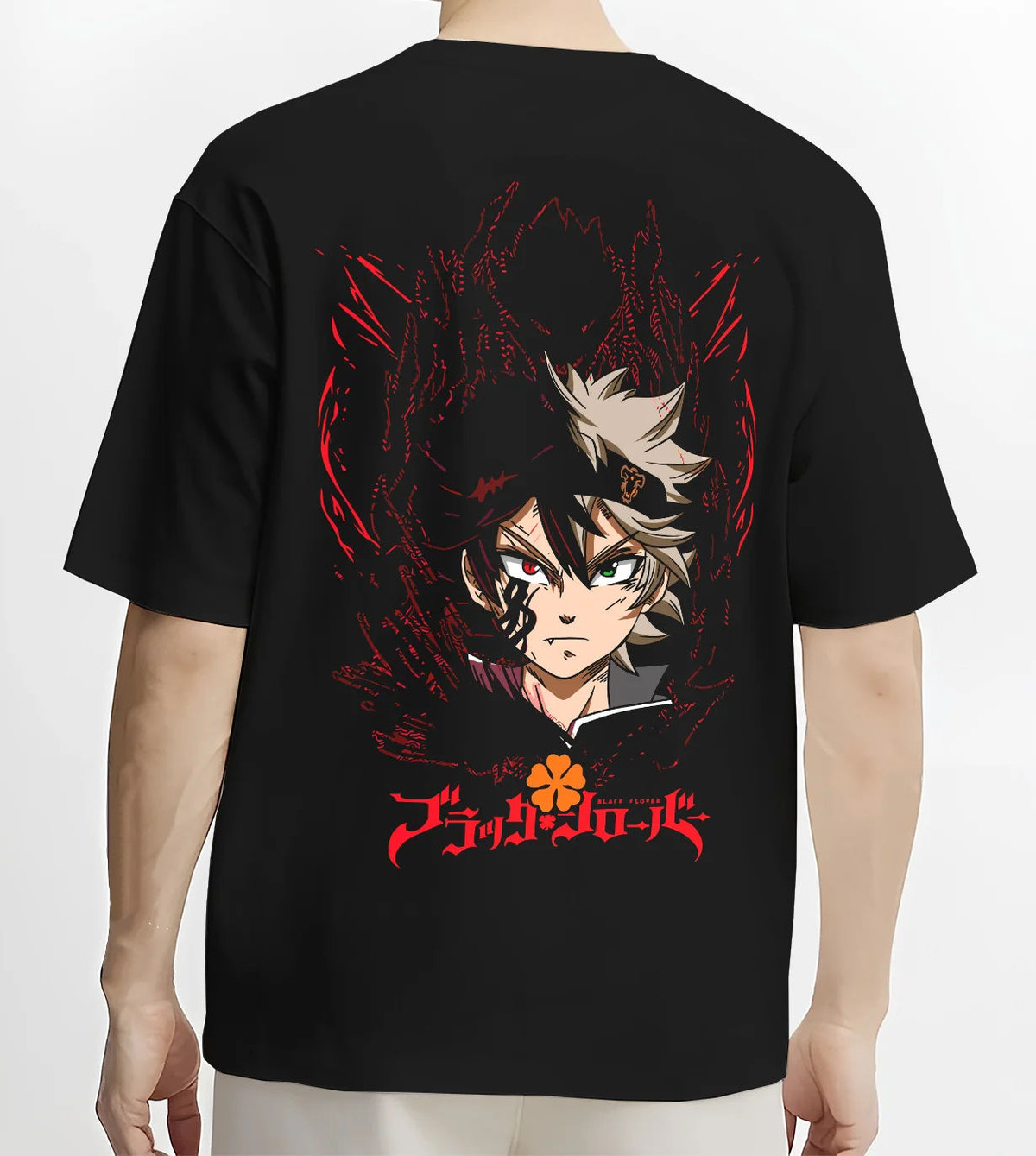 Black T-shirt model back view showing Asta from Black Clover: devil union