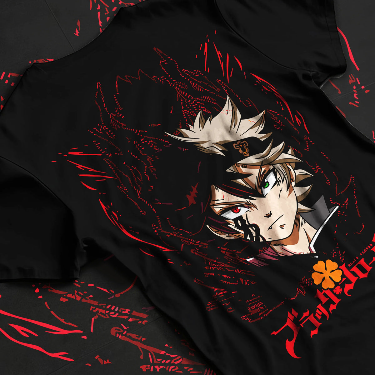 Black T-shirt flat back view showing Asta from Black Clover: devil union