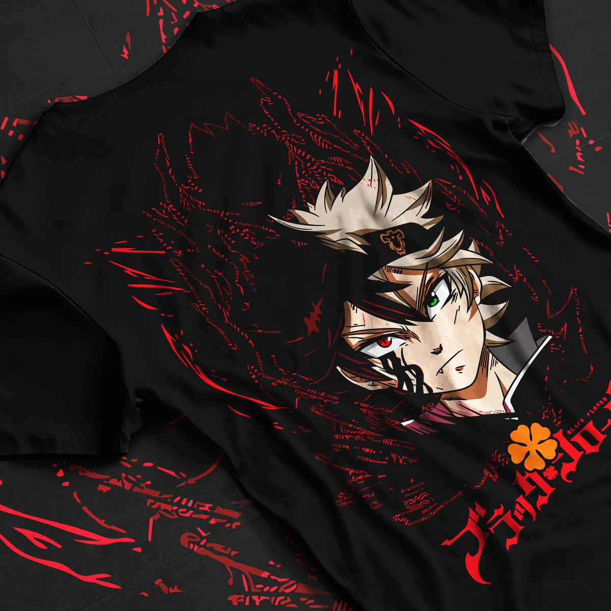 Black T-shirt flat back view showing Asta from Black Clover: devil union