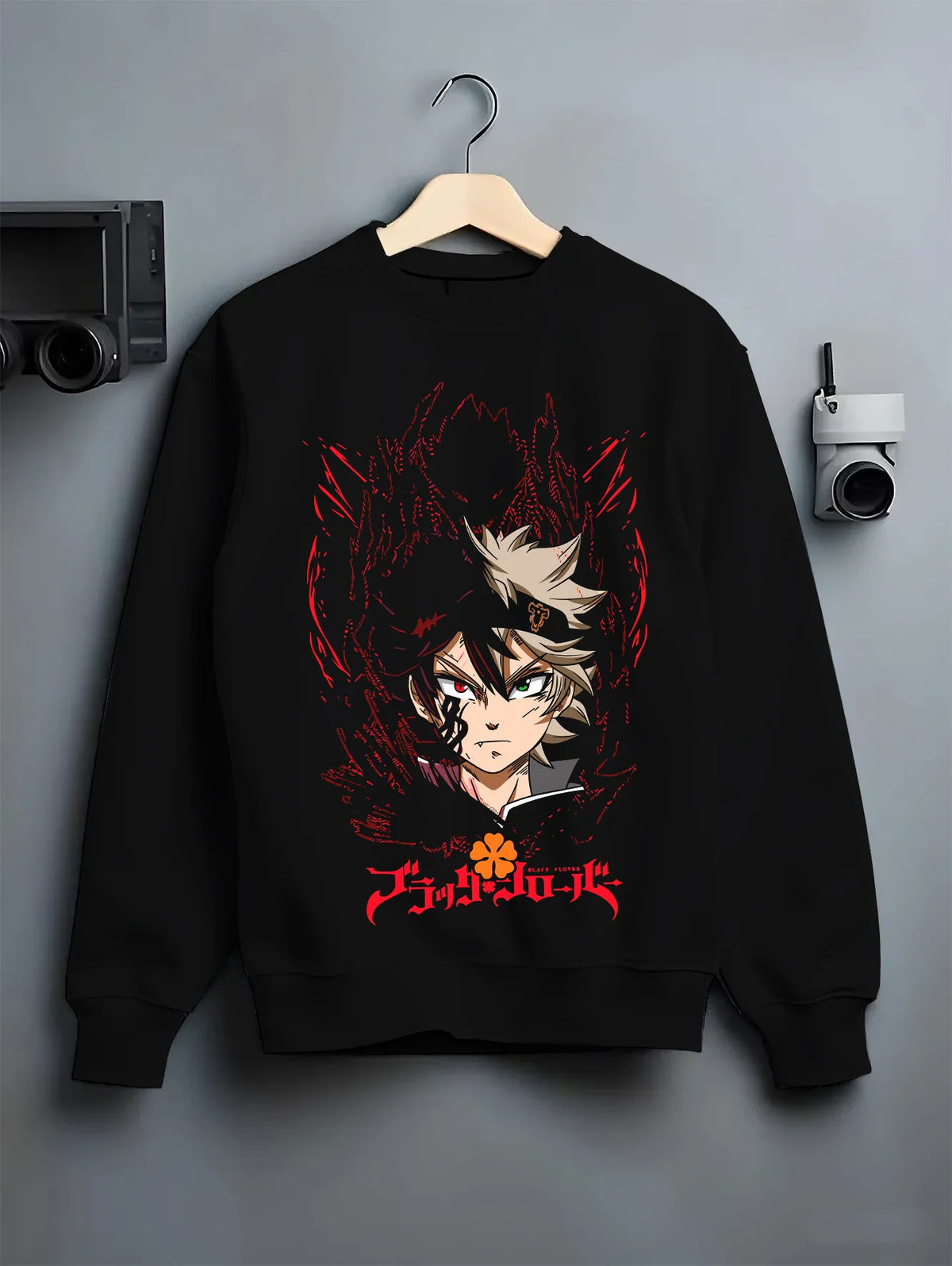 Black crewneck sweatshirt on hanger showing Asta from Black Clover: devil union