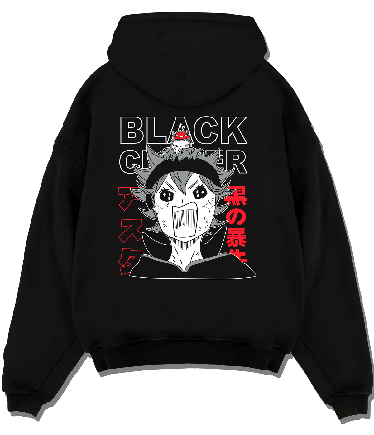 Black hoodie flat back view showing Asta from Black Clover: chibi shouting