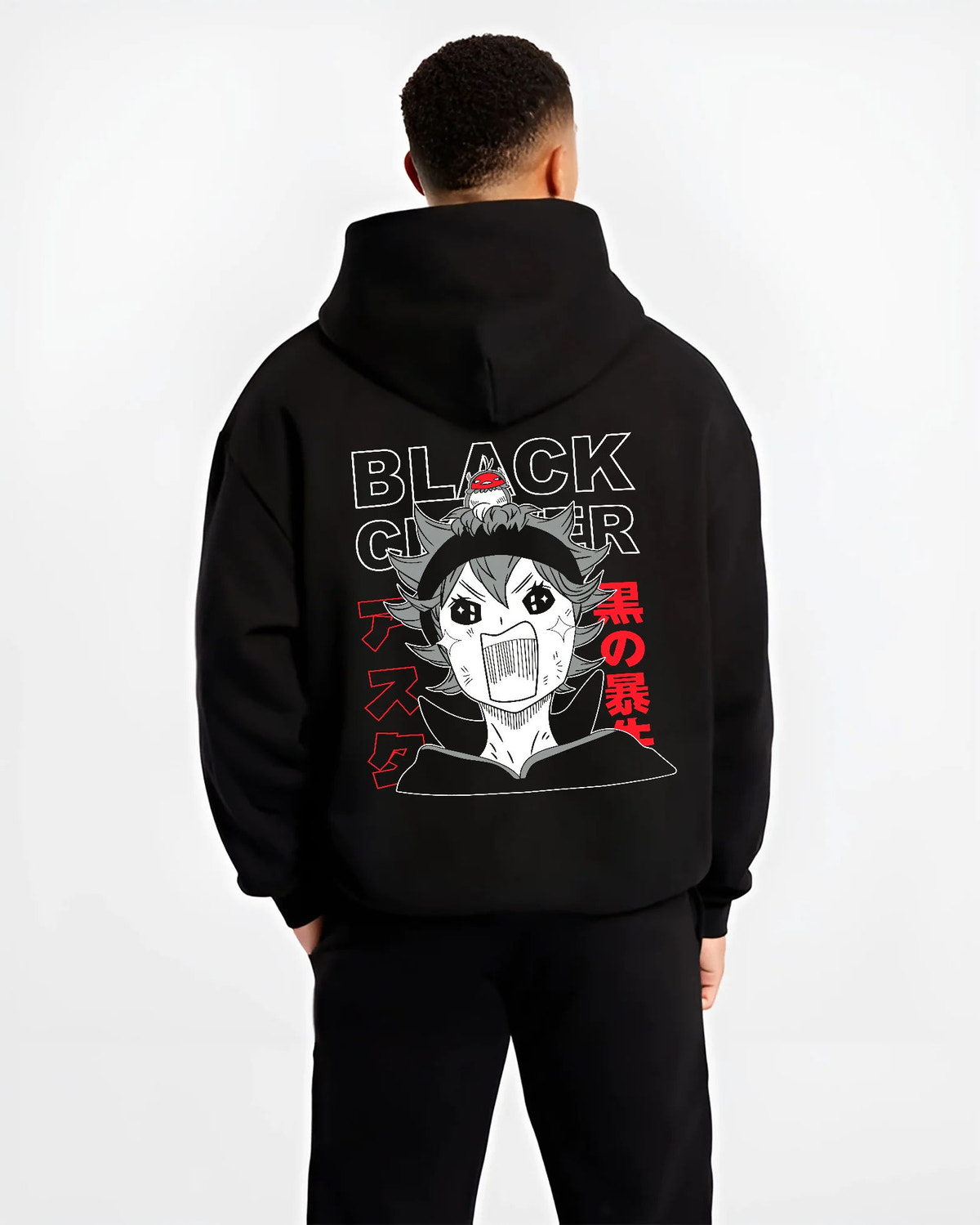 Black hoodie model back view showing Asta from Black Clover: chibi shouting