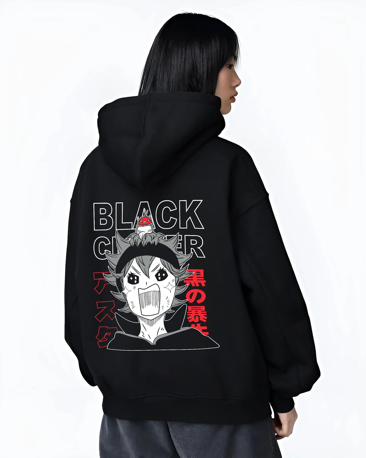 Black hoodie female model back view showing Asta from Black Clover: chibi shouting