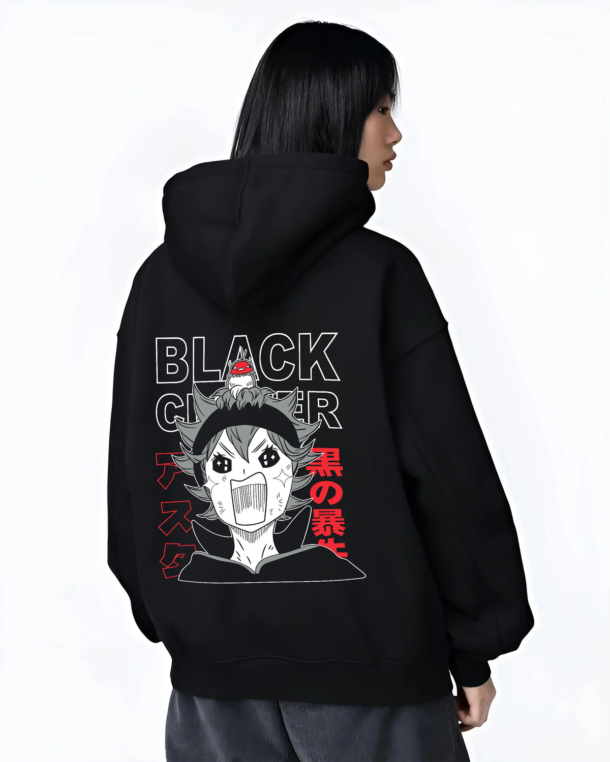 Black hoodie female model back view showing Asta from Black Clover: chibi shouting