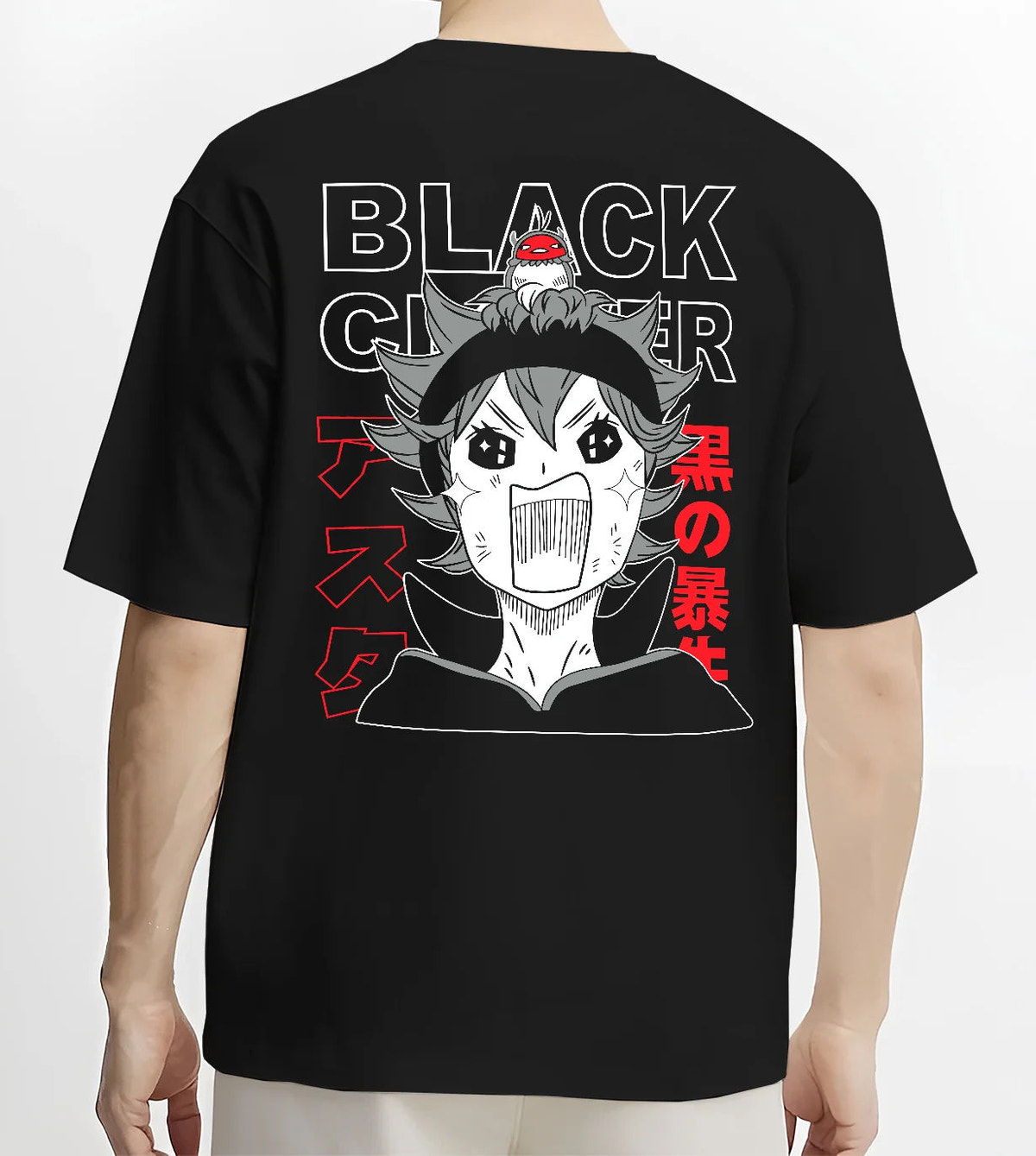 Black T-shirt model back view showing Asta from Black Clover: chibi shouting
