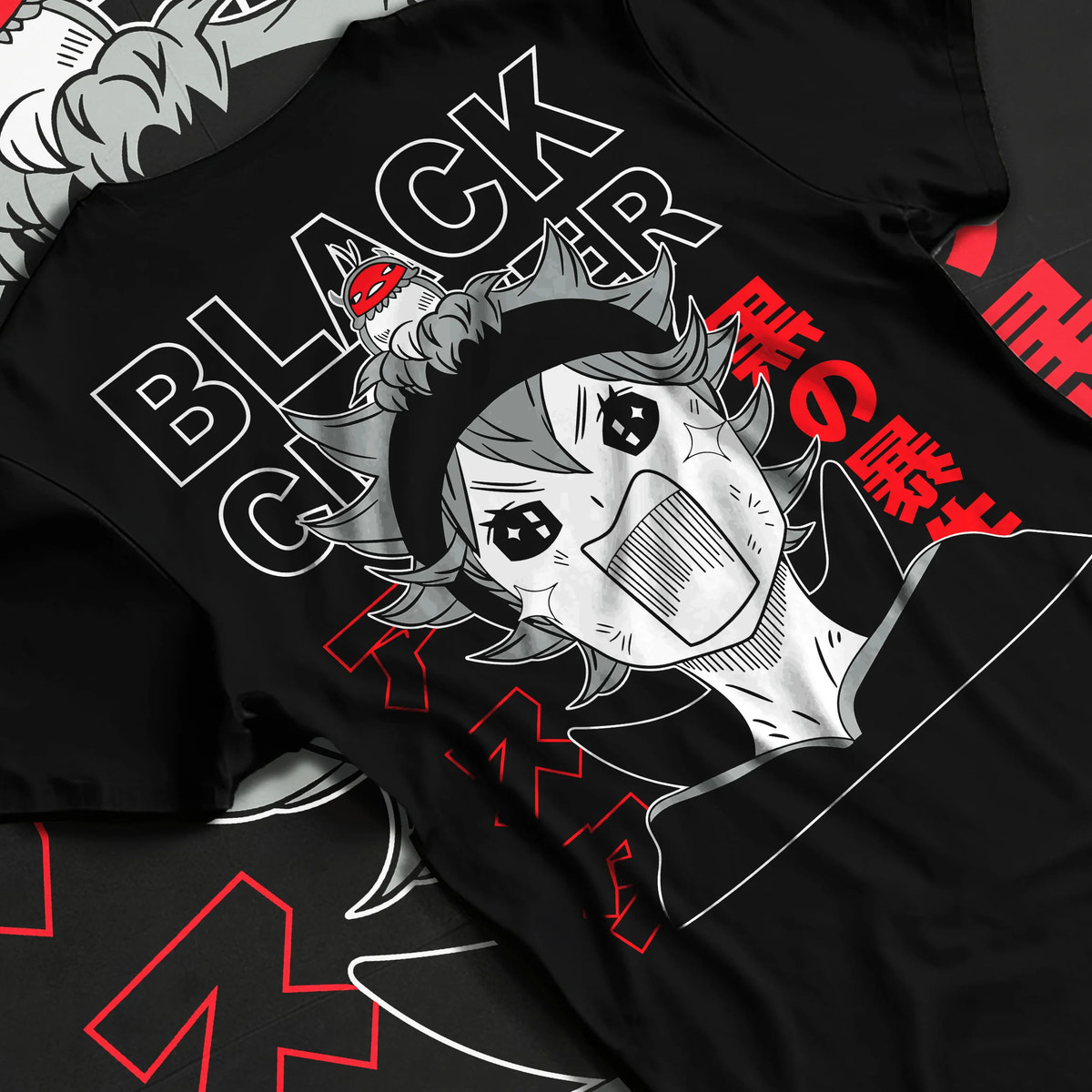 Black T-shirt flat back view showing Asta from Black Clover: chibi shouting