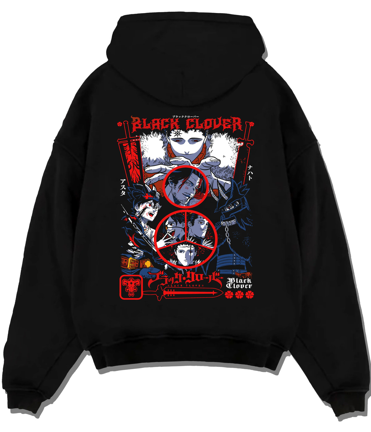 Black hoodie flat back view with Asta / Black Clover cast montage illustrated back graphic