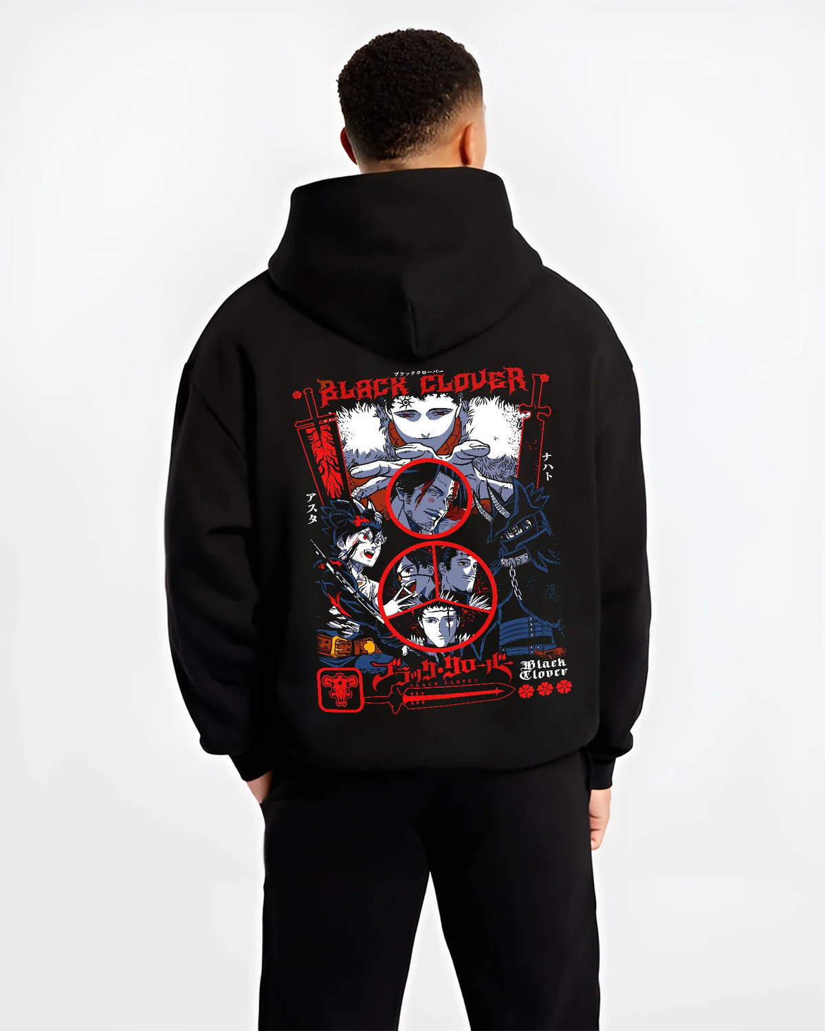 Black hoodie model back view with Asta / Black Clover cast montage illustrated back graphic