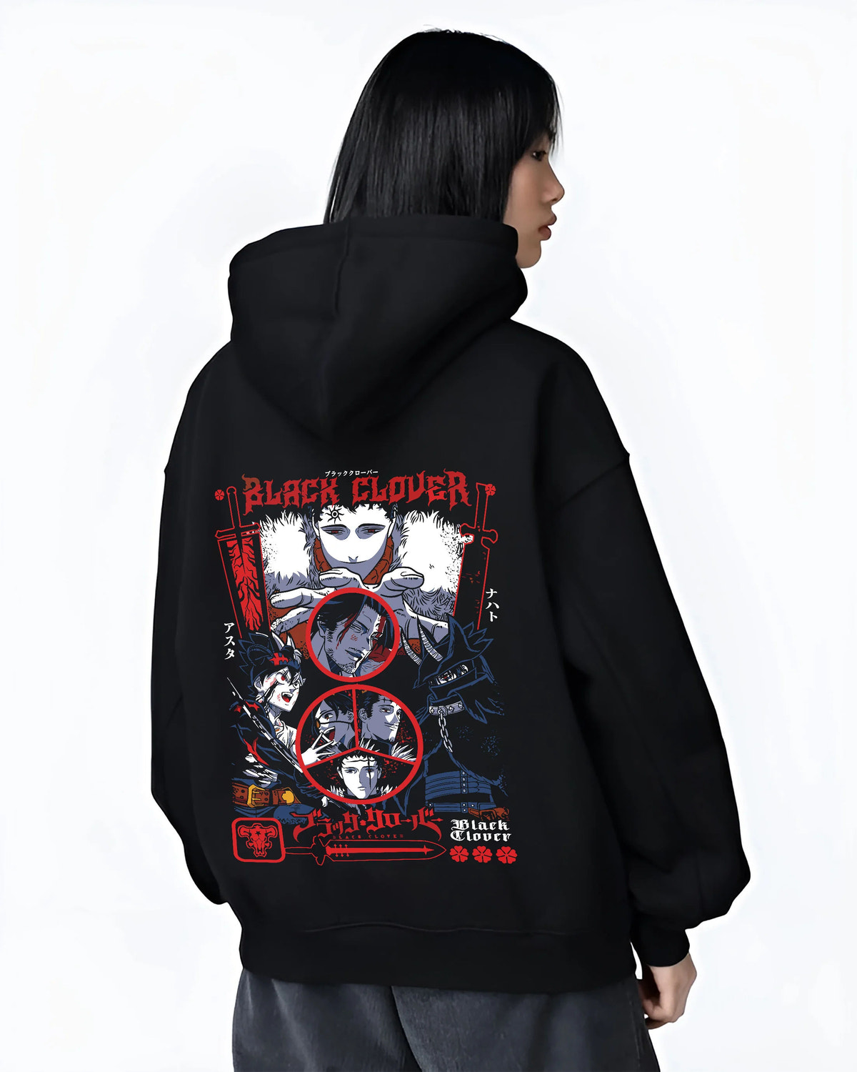 Black hoodie female model back view with Asta / Black Clover cast montage illustrated back graphic