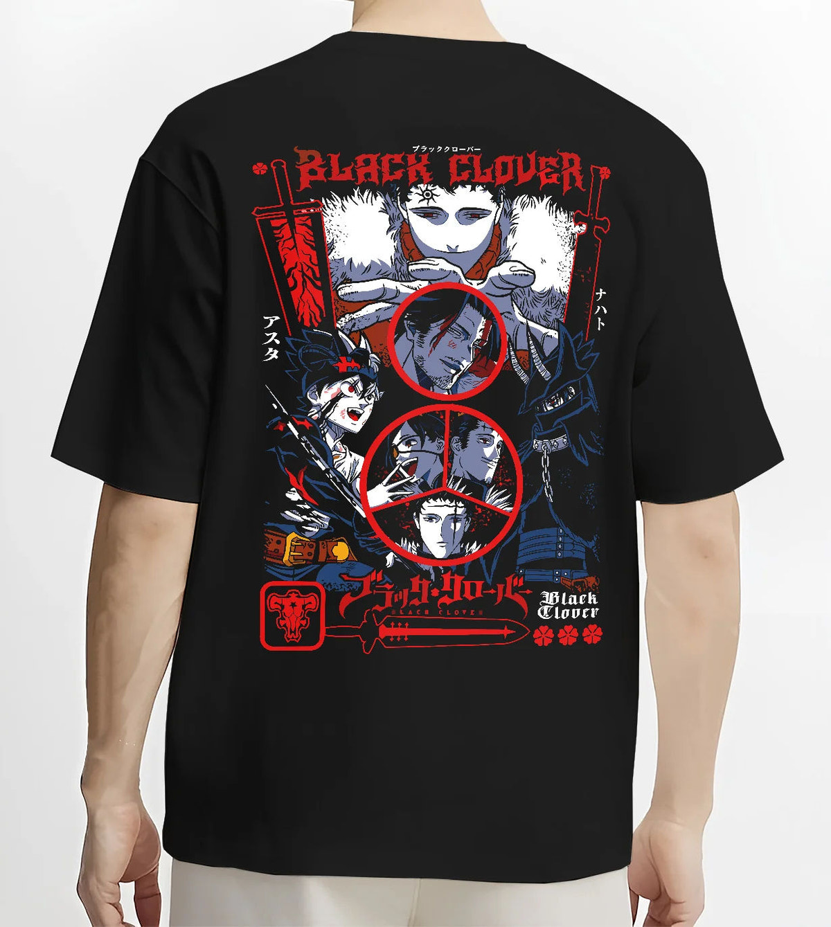 Black T-shirt model back view with Asta / Black Clover cast montage illustrated back graphic