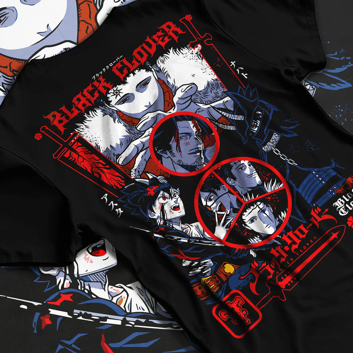 Black T-shirt flat back view with Asta / Black Clover cast montage illustrated back graphic
