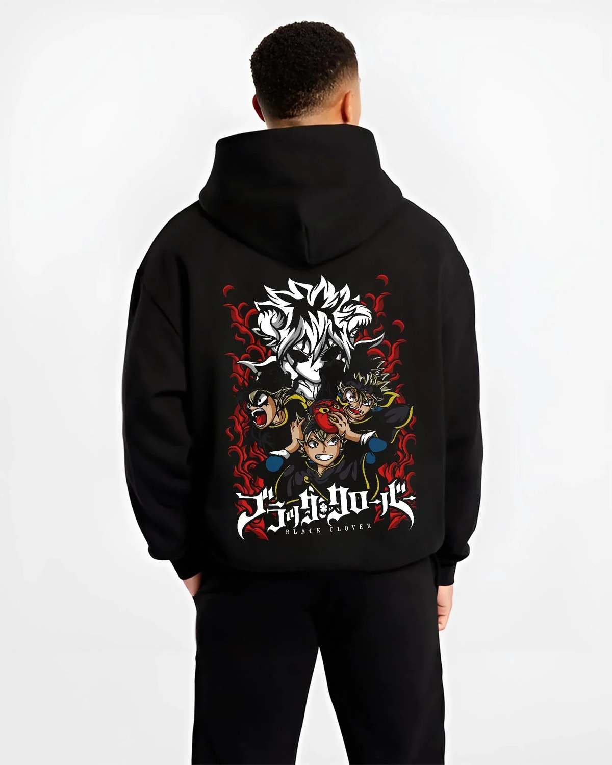 Black hoodie worn by male model, back view with Asta Clover Hoodie Black Clover Dark Grimoire Battle graphic premium wear.