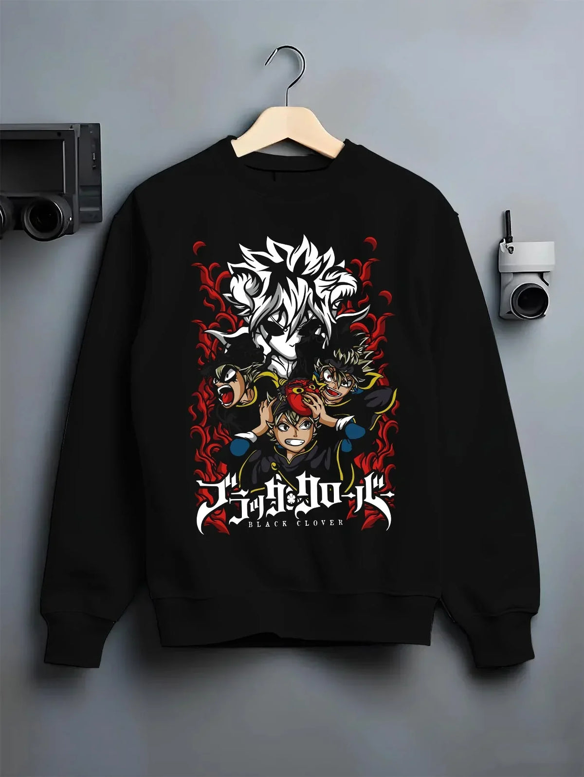 Black crewneck sweatshirt on hanger with Asta Clover Hoodie Black Clover Dark Grimoire Battle graphic bold anime graphic.
