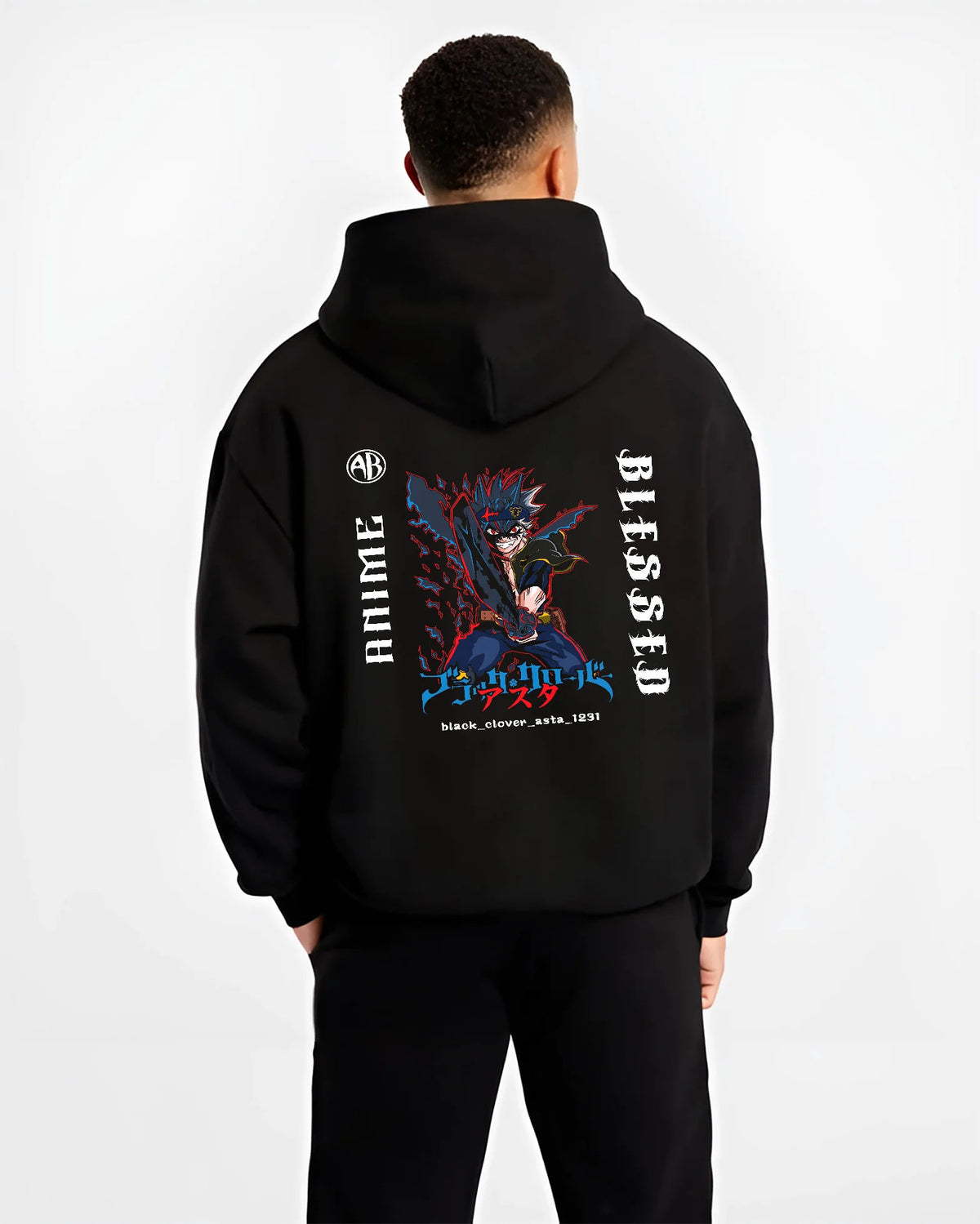 Black hoodie model back view showing Asta from Black Clover: Black Clover demon form