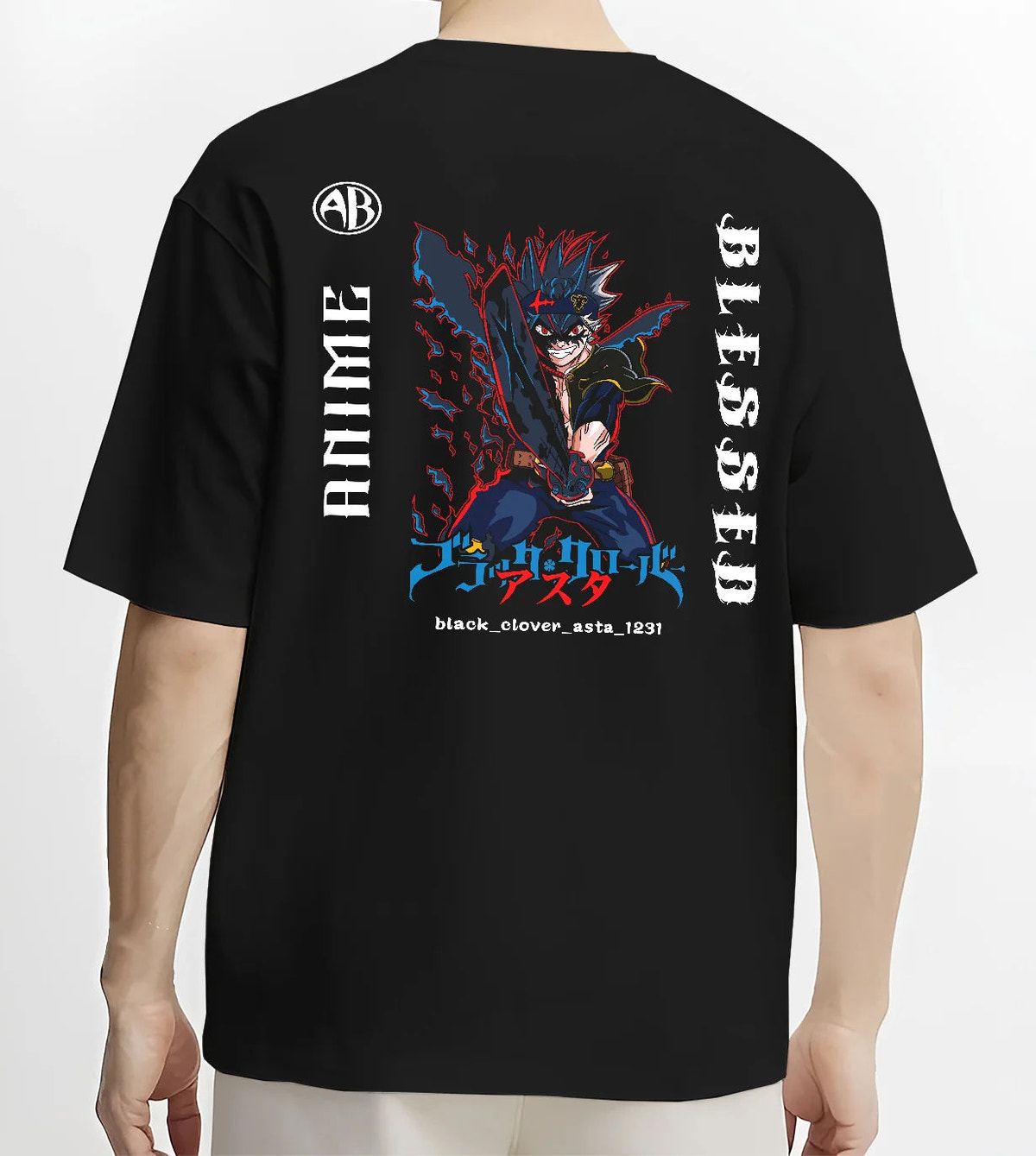 Black T-shirt model back view showing Asta from Black Clover: Black Clover demon form