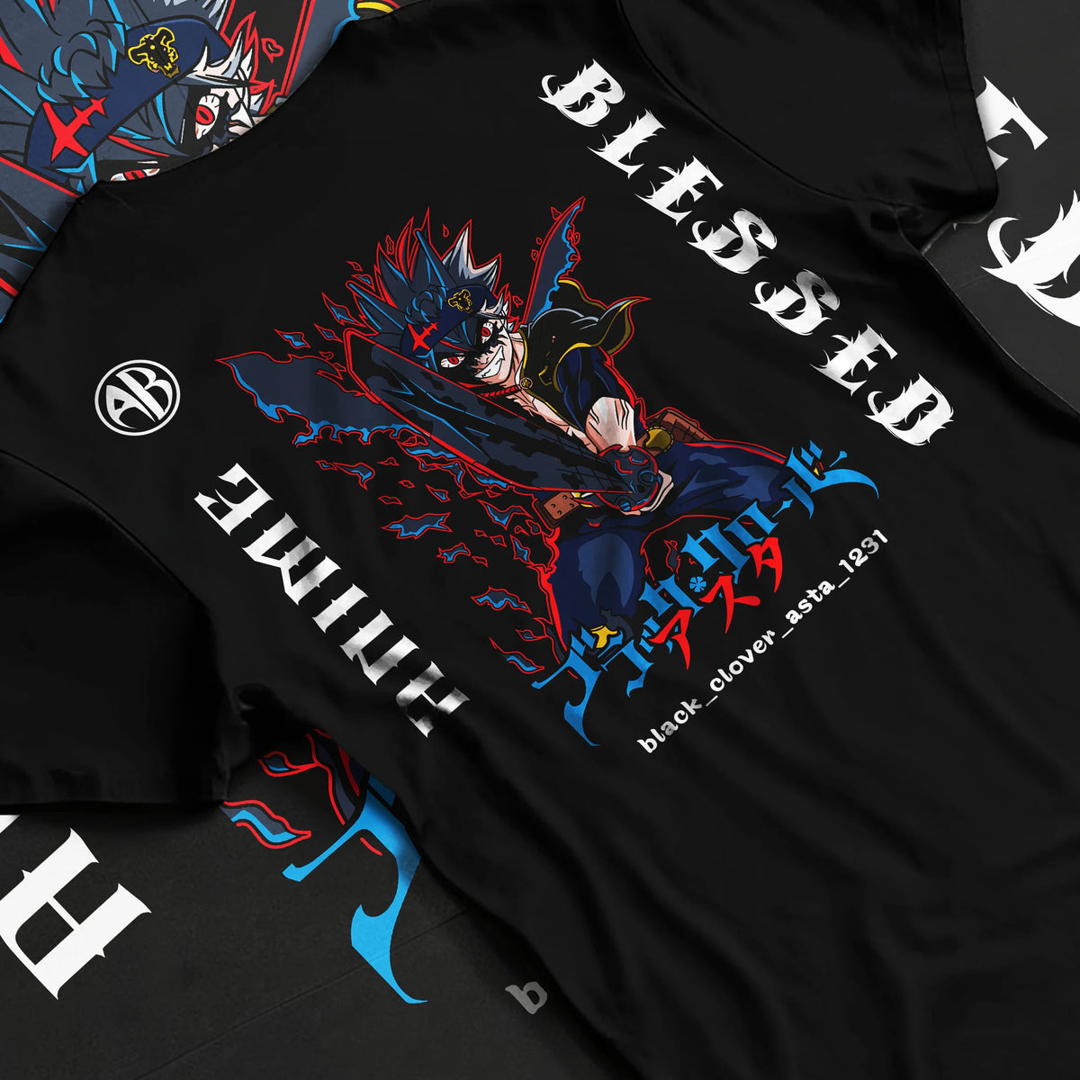 Black T-shirt flat back view showing Asta from Black Clover: Black Clover demon form