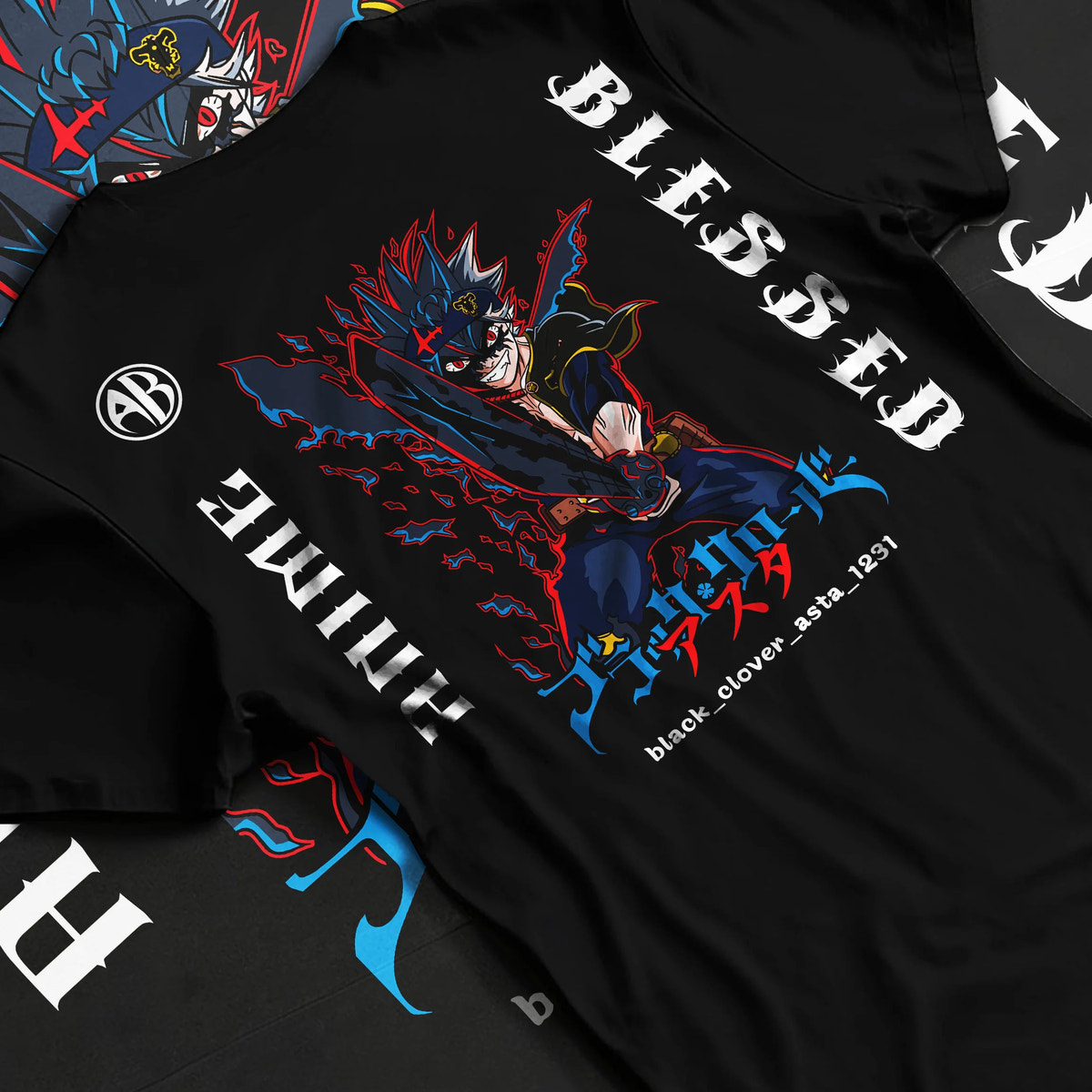 Black T-shirt flat back view showing Asta from Black Clover: Black Clover demon form