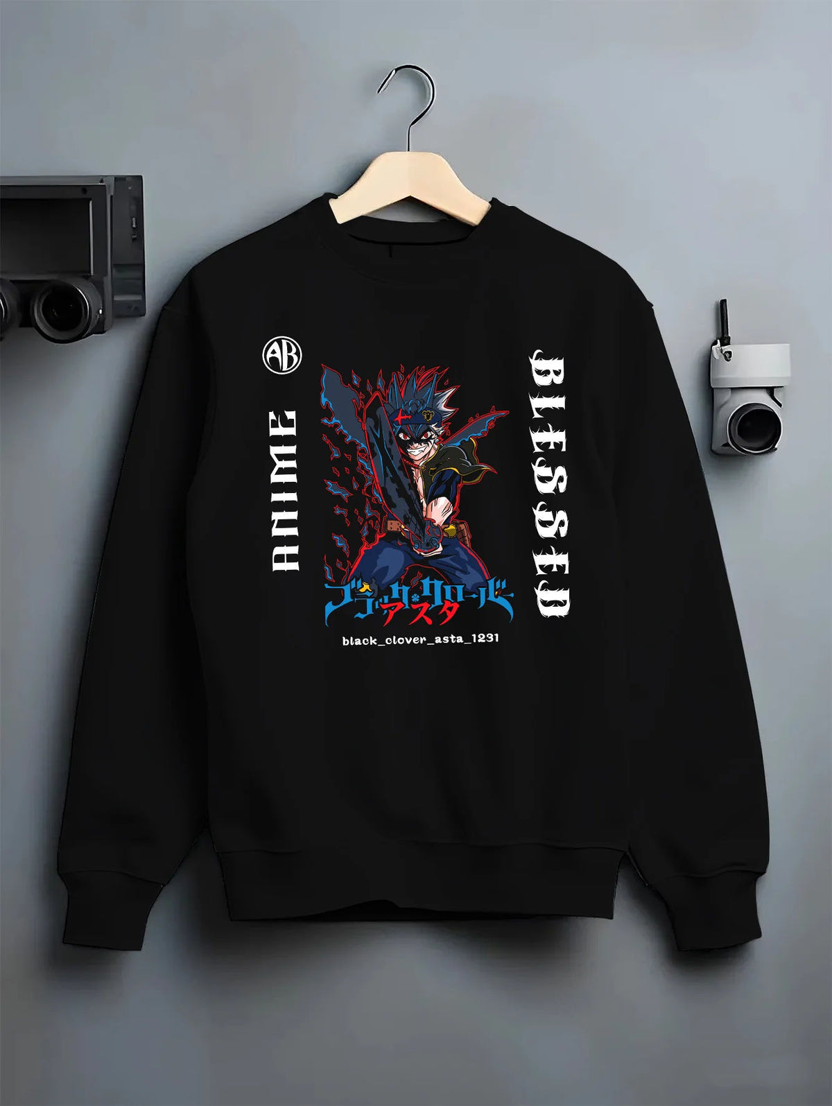 Black crewneck sweatshirt on hanger showing Asta from Black Clover: Black Clover demon form
