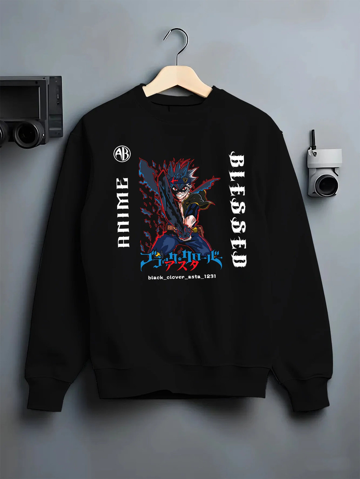 Black crewneck sweatshirt on hanger showing Asta from Black Clover: Black Clover demon form