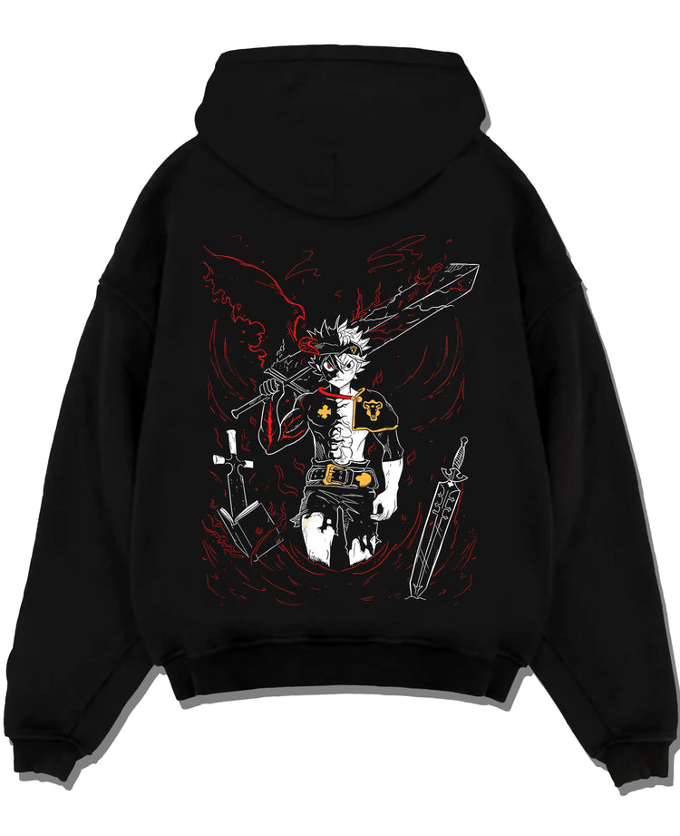 Black pullover hoodie laid flat with Asta Demon Sword Hoodie Black Clover Dark Blade Form graphic Asta anime design.