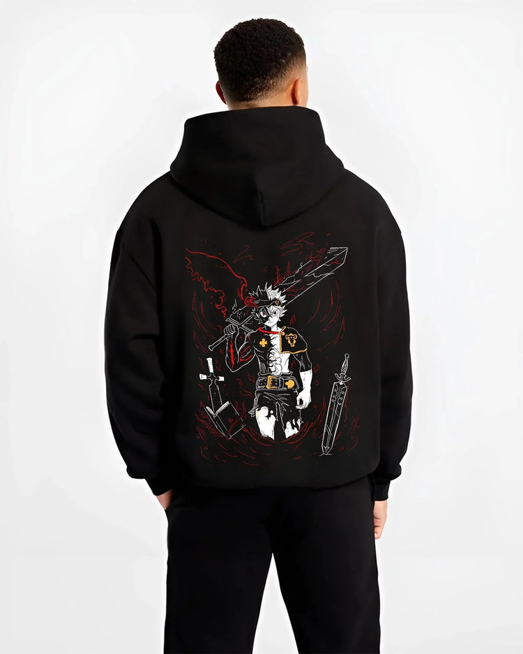 Black hoodie worn by male model, back view with Asta Demon Sword Hoodie Black Clover Dark Blade Form graphic streetwear graphic.