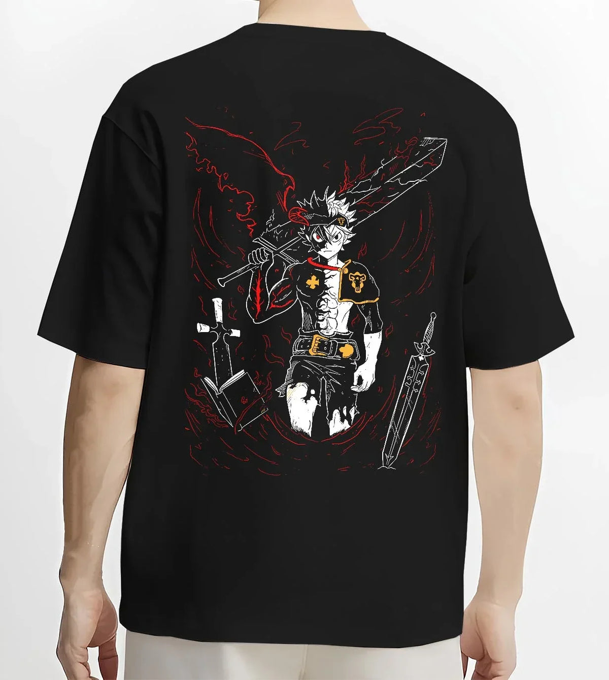 Black T-shirt worn by male model, back view with Asta Demon Sword Hoodie Black Clover Dark Blade Form graphic Asta anime design.