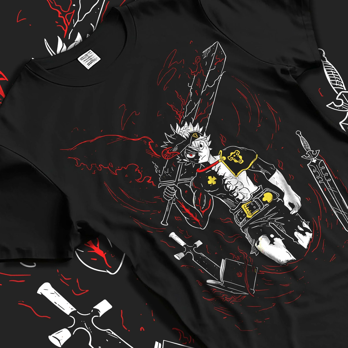 Black T-shirt laid flat with natural folds with Asta Demon Sword Hoodie Black Clover Dark Blade Form graphic Asta anime design.