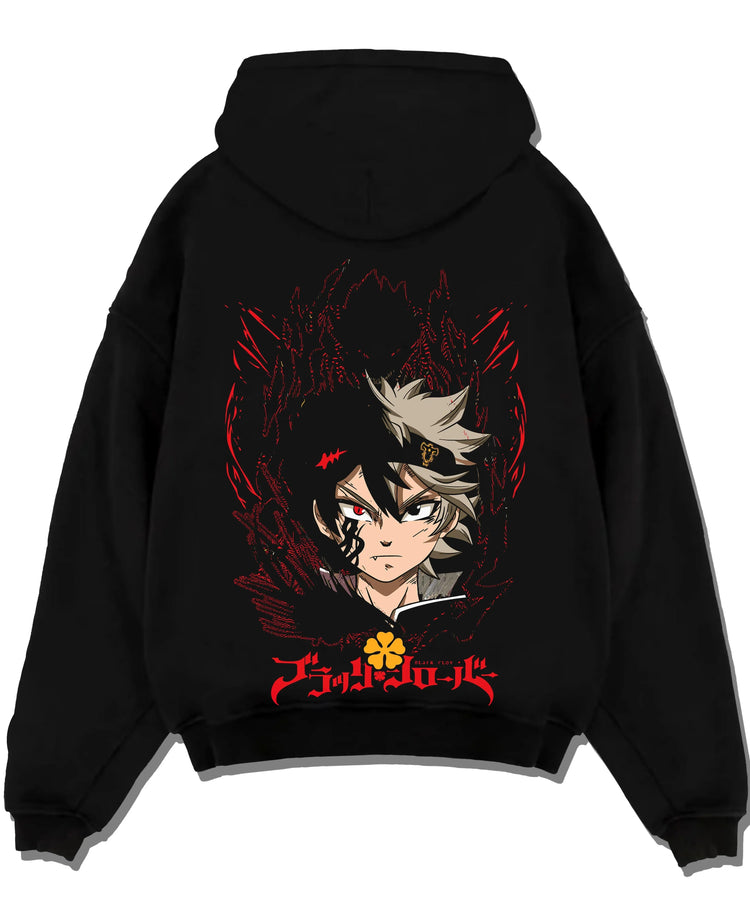Black pullover hoodie laid flat with Asta Demon Mark Hoodie Black Clover Cursed Form Print graphic premium wear.