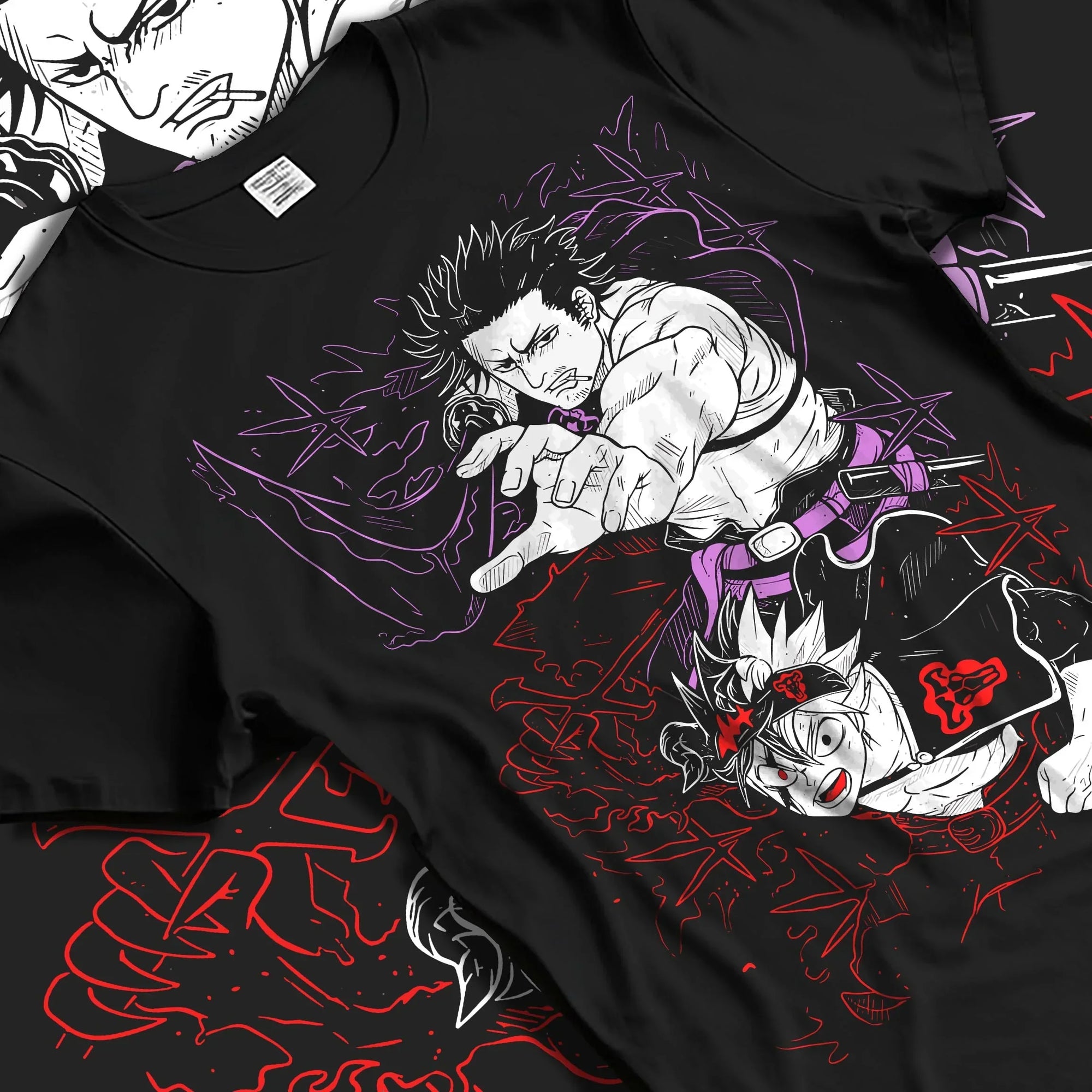 Black T-shirt laid flat with natural folds with Asta Dark Grimoire Hoodie Black Clover Inferno Power graphic premium wear.