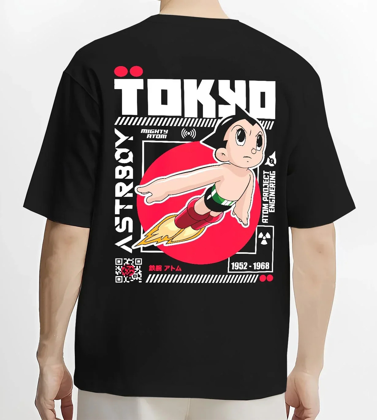 Black T-shirt worn by male model, back view with Astro Boy Hoodie Retro Tokyo Anime Robot Hero Poster graphic premium wear.
