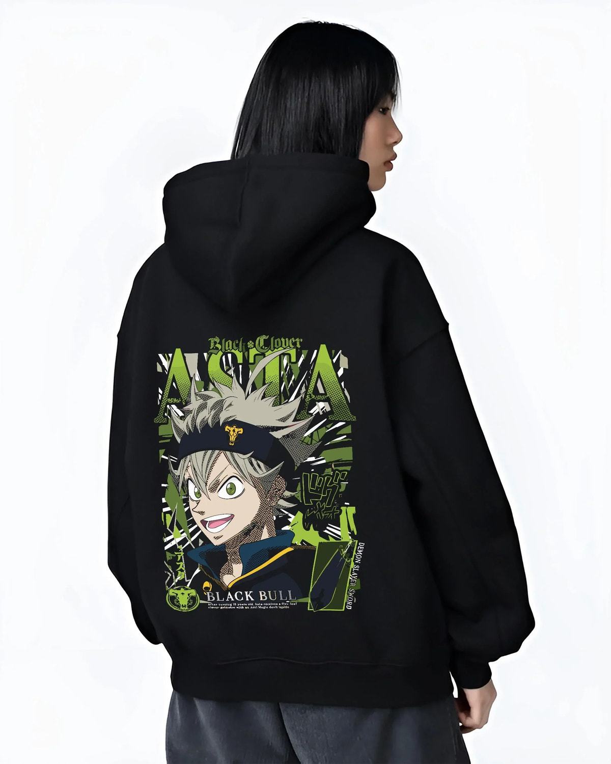 Black hoodie worn by female model, back view with Asta Grimoire Hoodie Black Clover Green Magic Energy graphic Asta anime design.