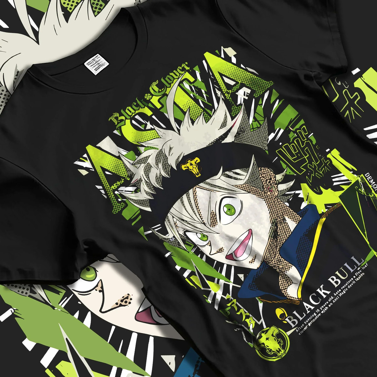 Black T-shirt laid flat with natural folds with Asta Grimoire Hoodie Black Clover Green Magic Energy graphic premium wear.