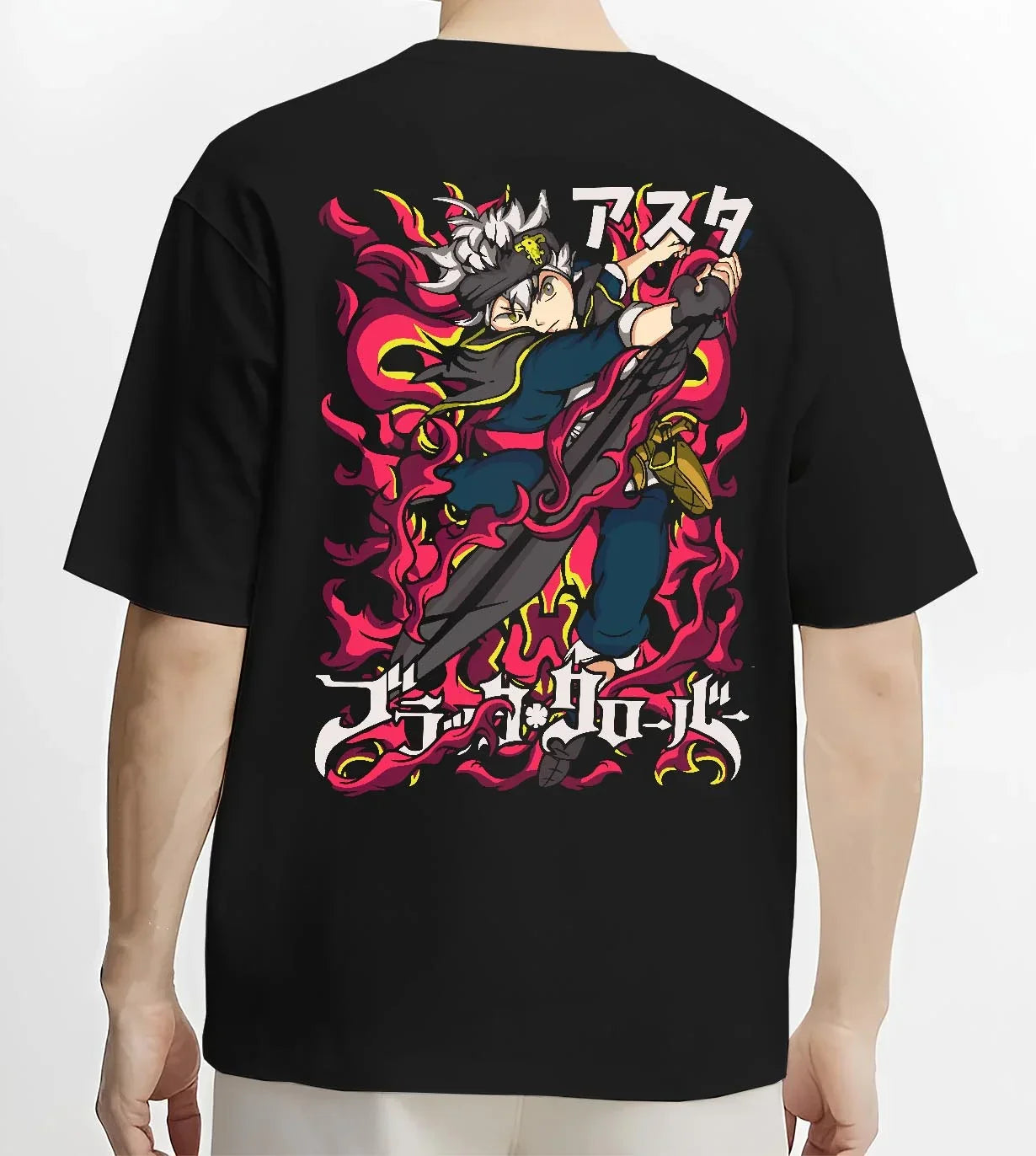 Black T-shirt worn by male model, back view with Asta Magic Sword Hoodie Black Clover Red Blade Stance graphic bold anime graphic.
