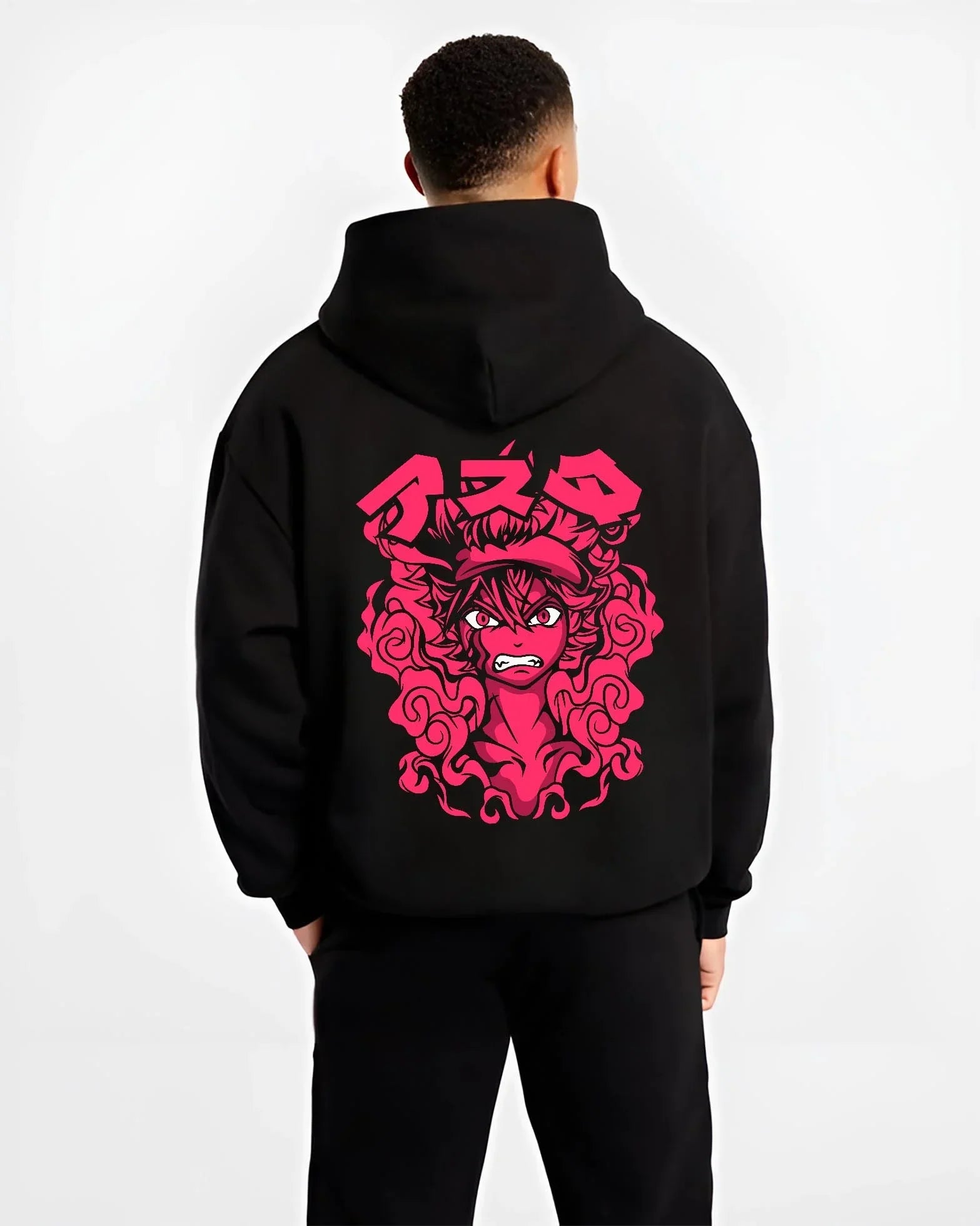 Black hoodie worn by male model, back view with Asta Demon Rage Hoodie Black Clover Red Eyes Power graphic streetwear graphic.