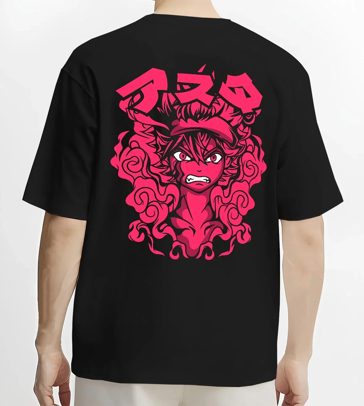 Black T-shirt worn by male model, back view with Asta Demon Rage Hoodie Black Clover Red Eyes Power graphic Asta themed artwork.