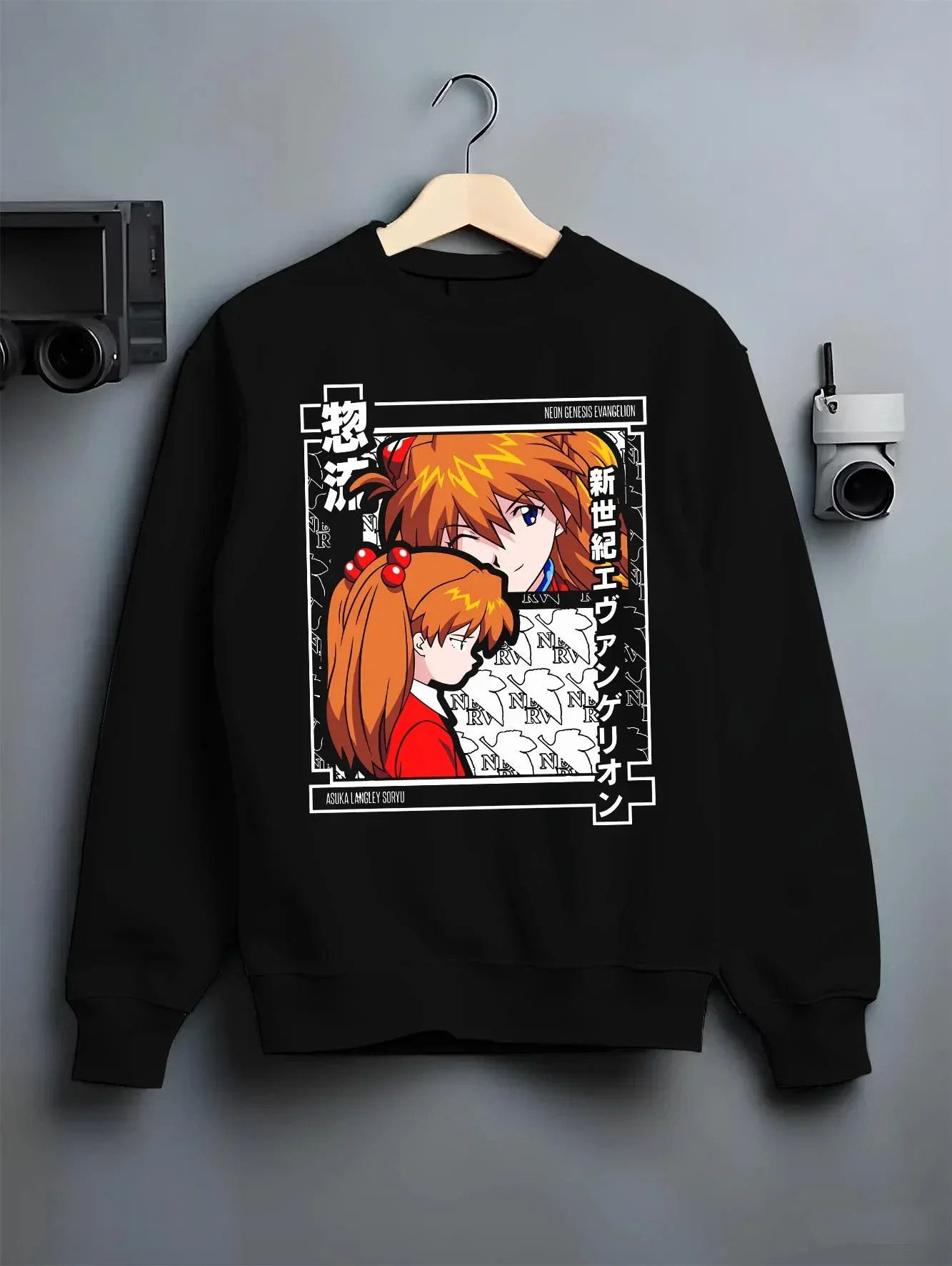Black crewneck sweatshirt on hanger with Asuka Hoodie Neon Genesis Evangelion Red Poster Print graphic bold anime graphic.