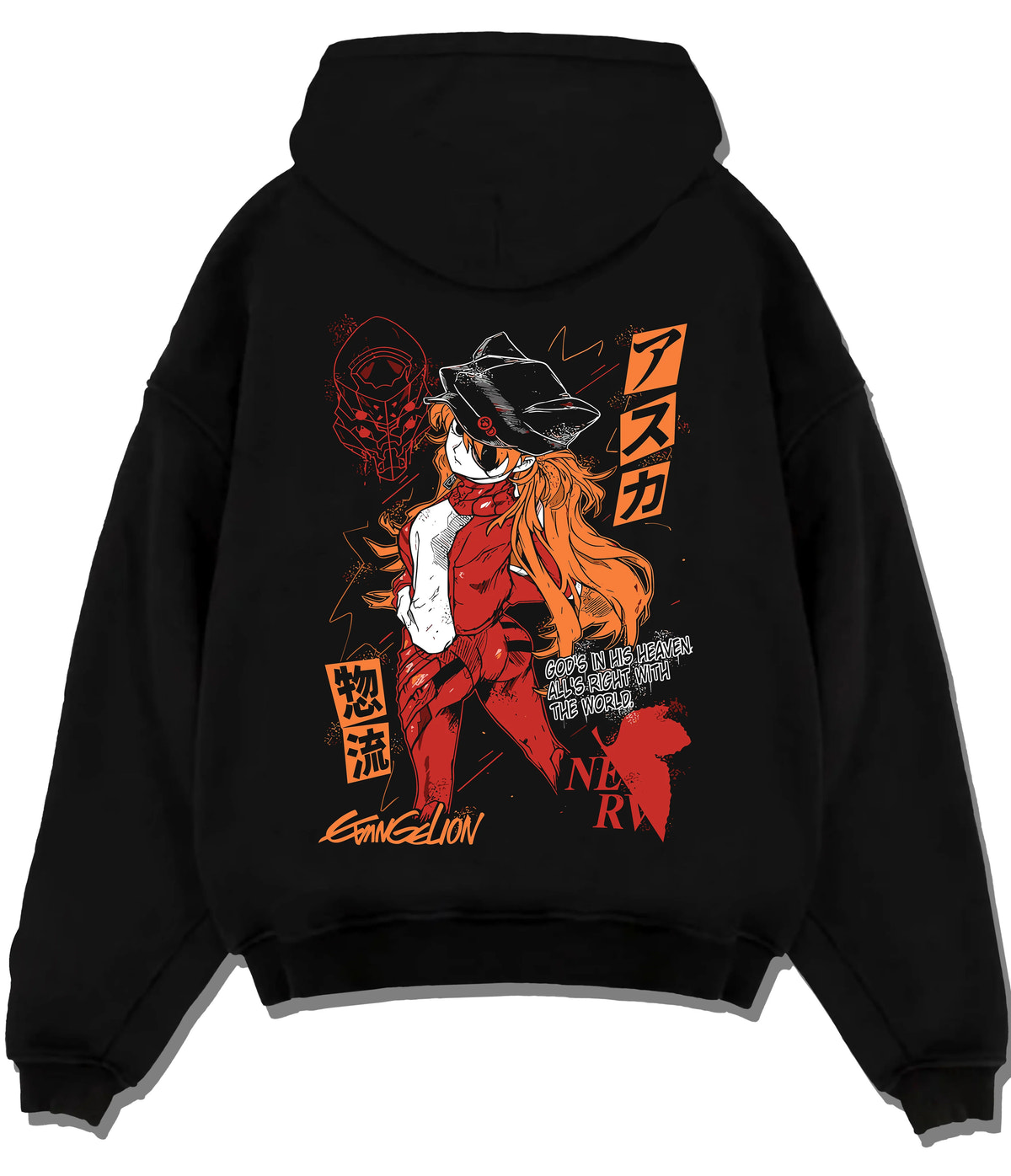 Black hoodie flat back view showing Evangelion: orange-haired pilot and mecha illustration