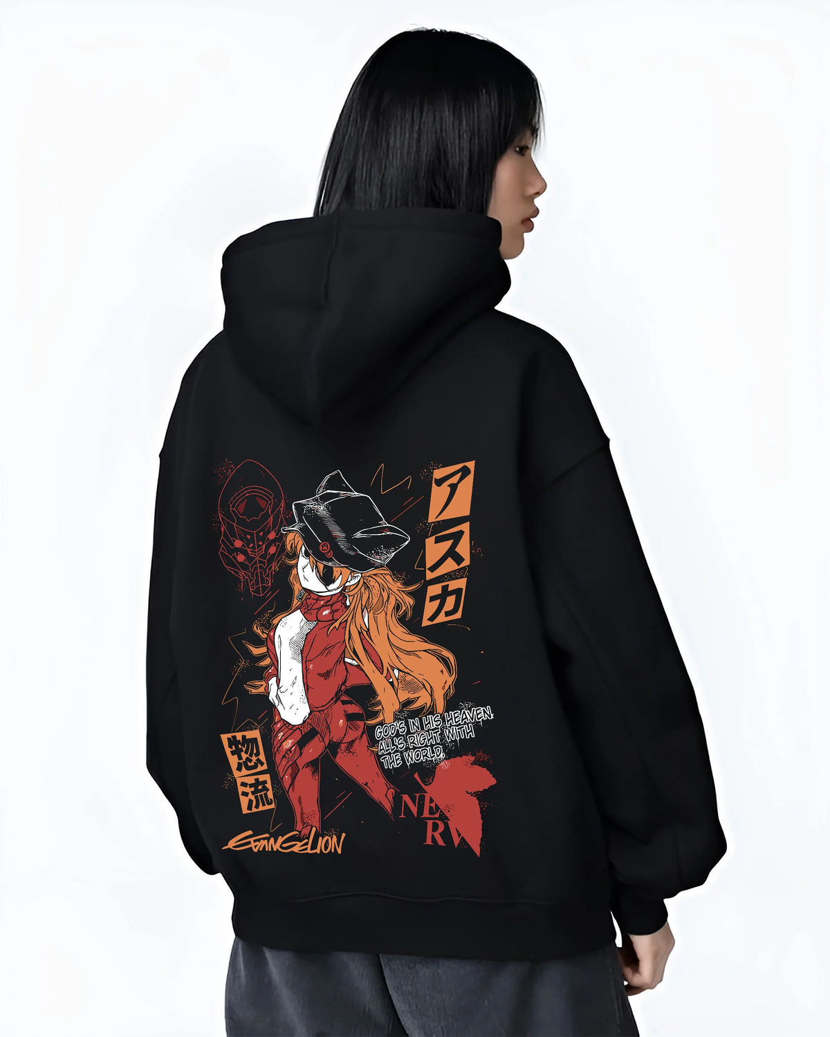 Black hoodie female model back view showing Evangelion: orange-haired pilot and mecha illustration