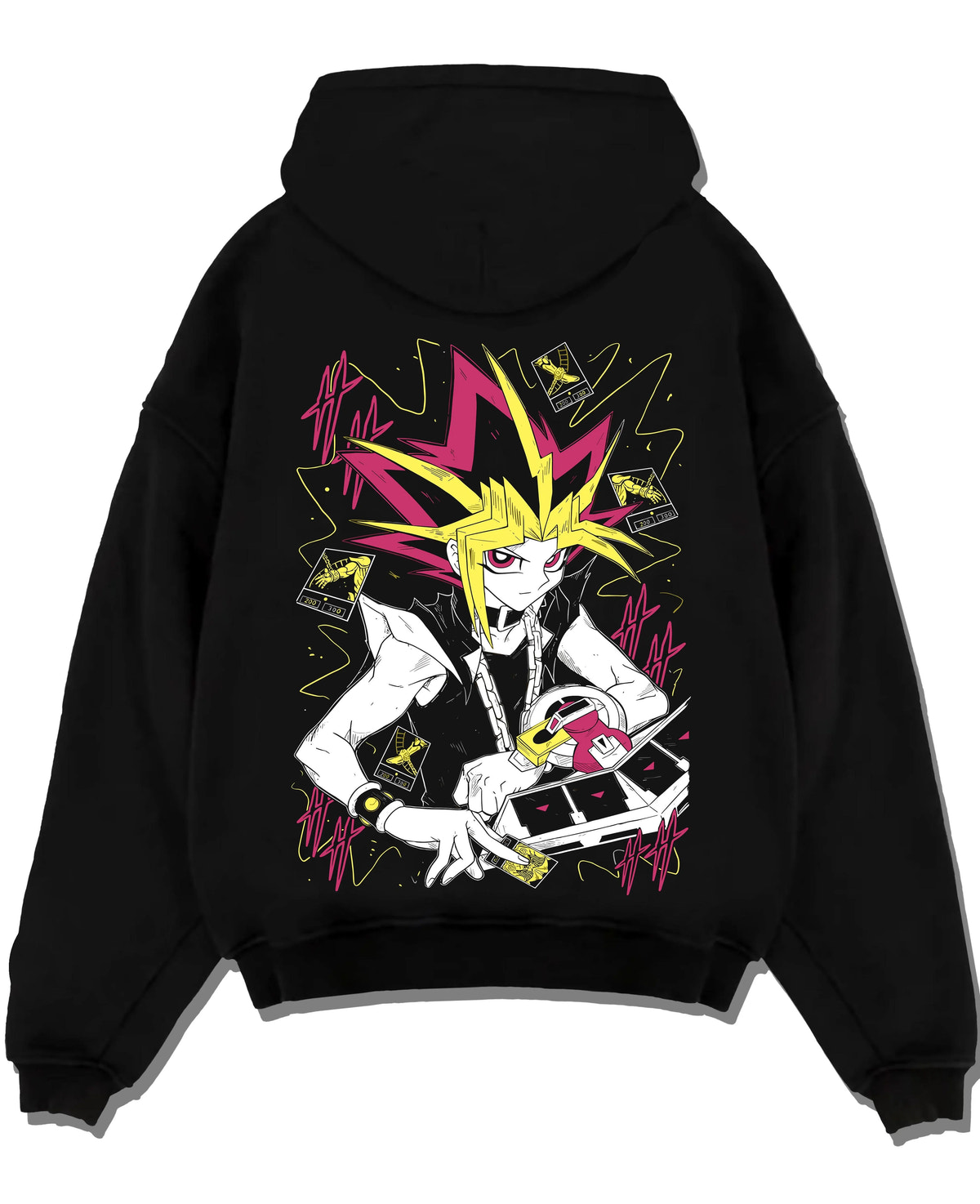 Black hoodie laid flat featuring Atem and Dark Magician Yu-Gi-Oh duel spirit artwork with bold anime graphic print.