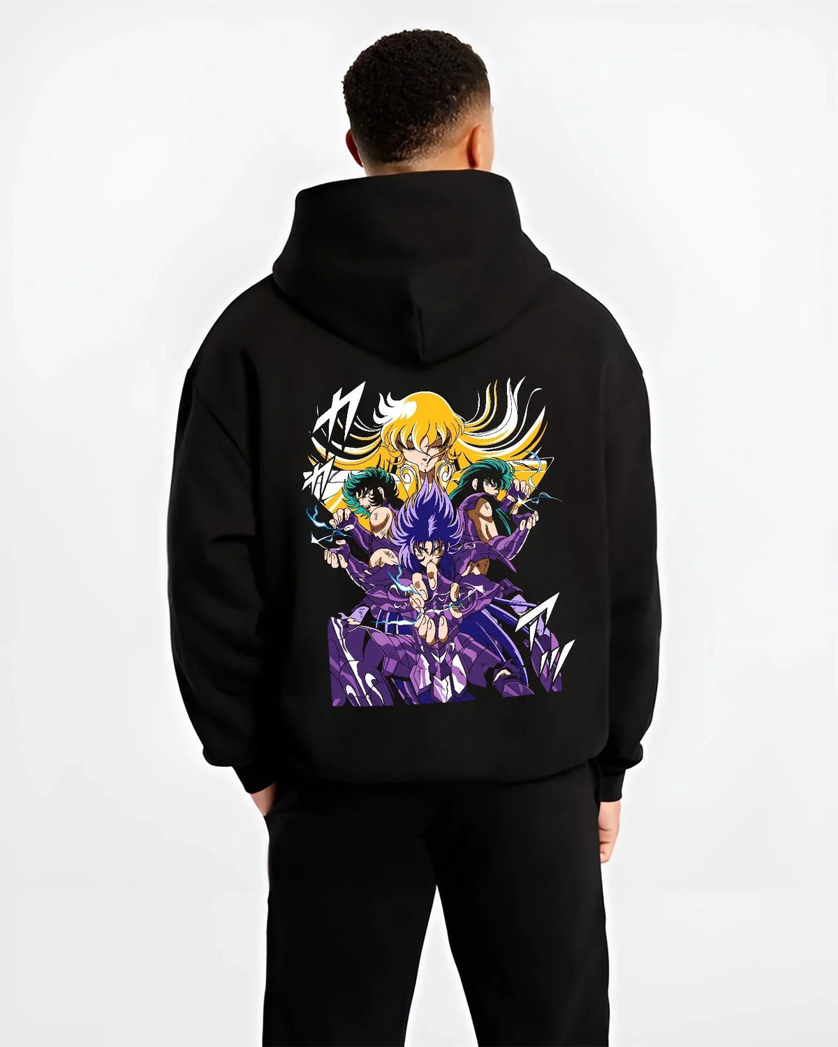 Black hoodie worn by male model, back view with Athena Hoodie Saint Seiya Zodiac Warriors Mythic Print graphic premium wear.