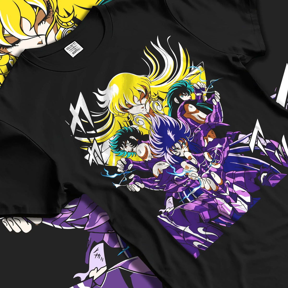 Black T-shirt laid flat with natural folds with Athena Hoodie Saint Seiya Zodiac Warriors Mythic Print graphic streetwear graphic.
