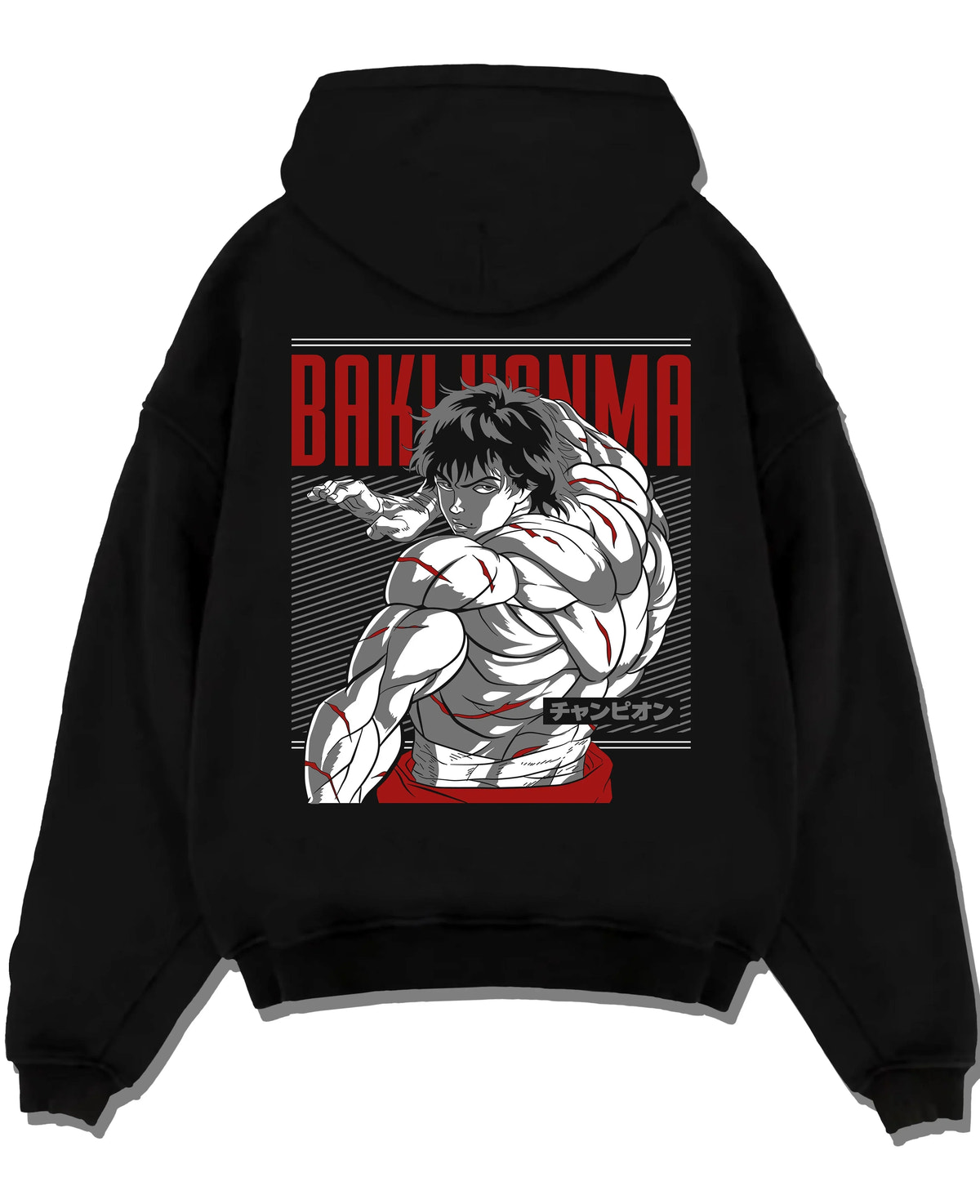Black pullover hoodie laid flat with Baki Hanma Hoodie Grappler Baki Martial Arts Fighter graphic premium wear.