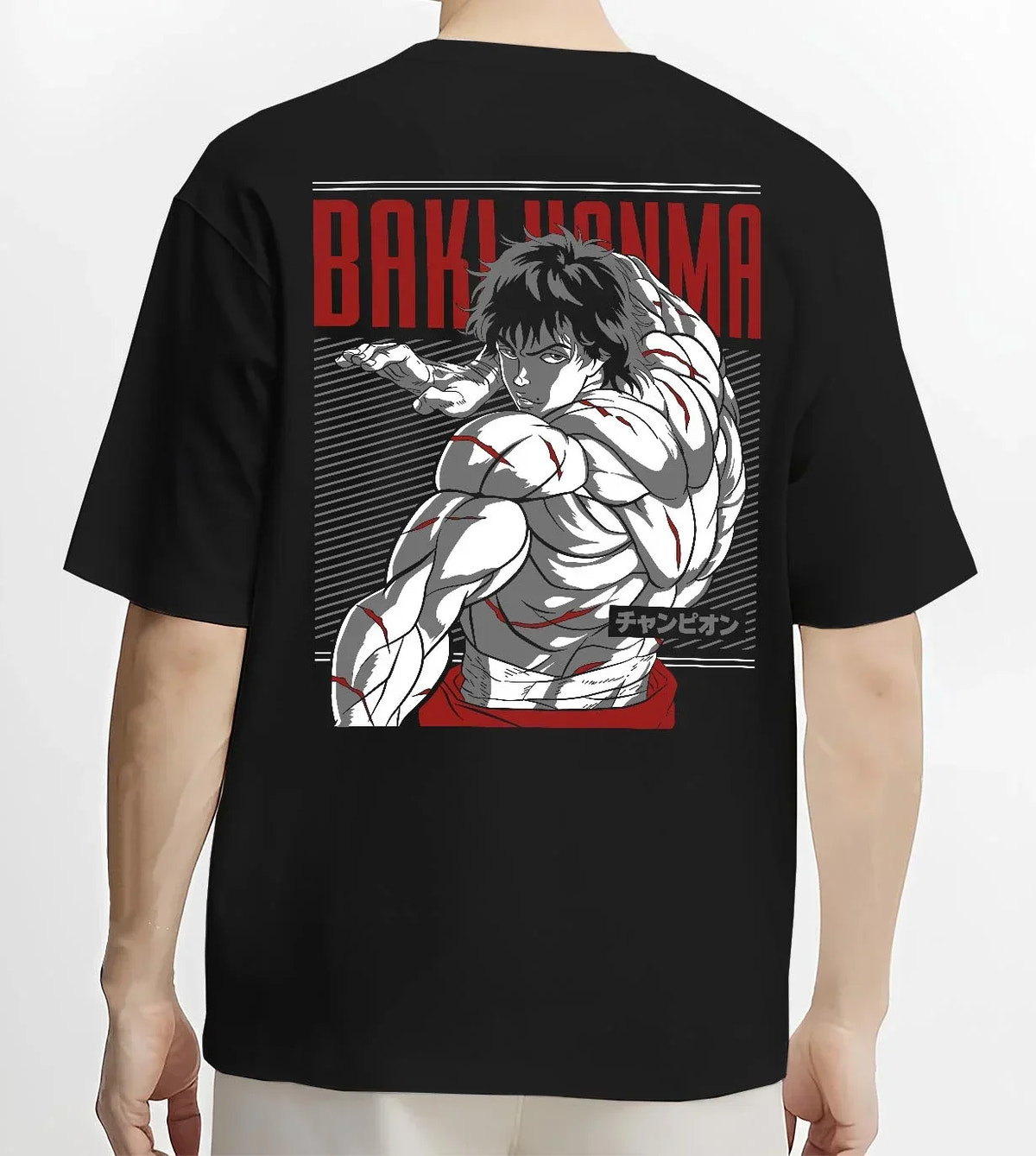 Black T-shirt worn by male model, back view with Baki Hanma Hoodie Grappler Baki Martial Arts Fighter graphic bold anime graphic.