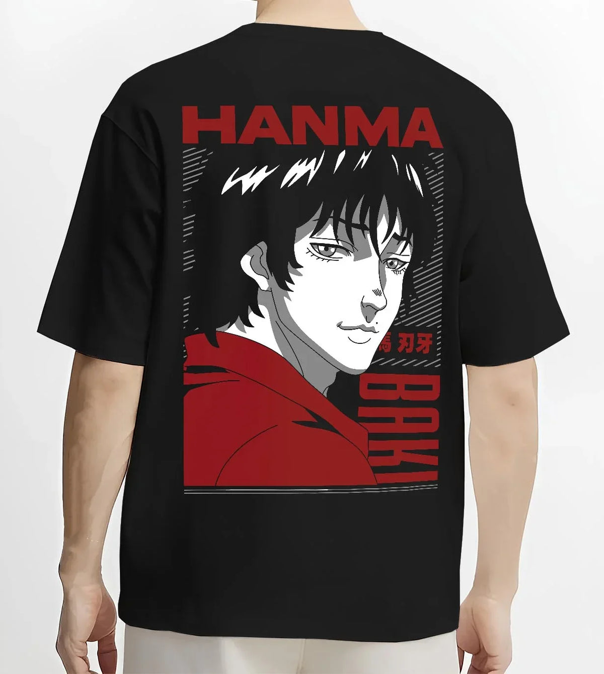 Black T-shirt worn by male model, back view with Baki Hanma Fighter Hoodie Classic Retro Anime Jumper graphic bold anime graphic.