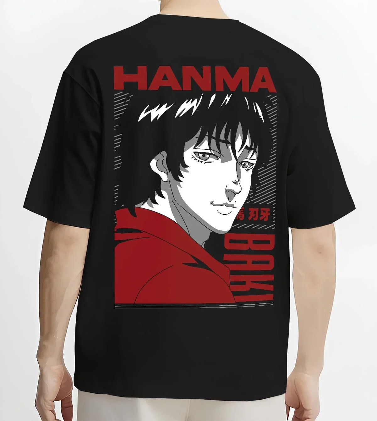Black T-shirt worn by male model, back view with Baki Hanma Fighter Hoodie Classic Retro Anime Jumper graphic bold anime graphic.